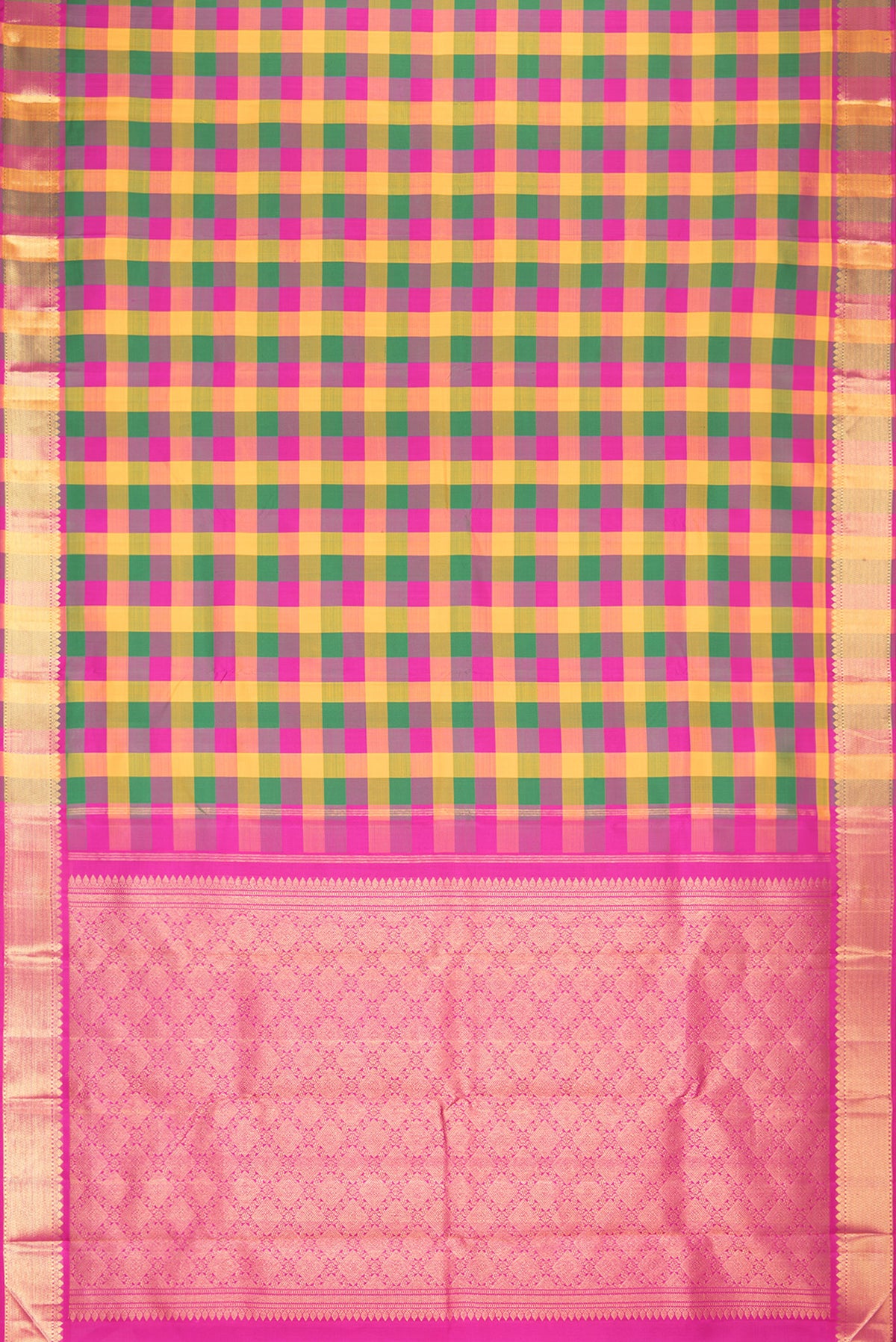 Flat view of Pure Silk Multi Color Kanchipuram Saree with Checked design on the body and Zari Border. 