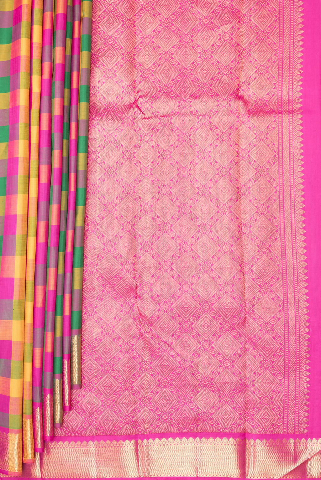 Pleats and pallu of Pure Silk Multi Color Kanchipuram Saree with Checked design on the body and Zari Border. 