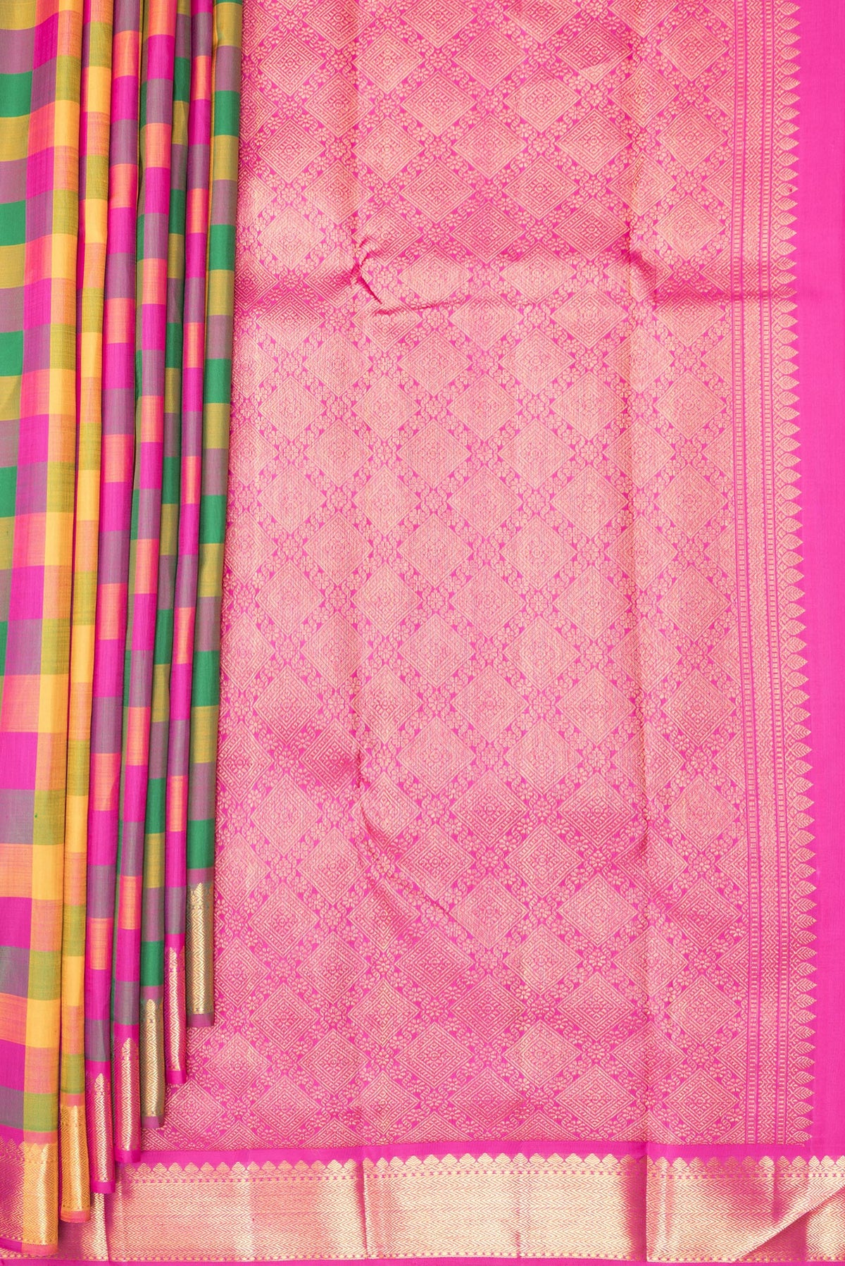 Pleats and pallu of Pure Silk Multi Color Kanchipuram Saree with Checked design on the body and Zari Border. 