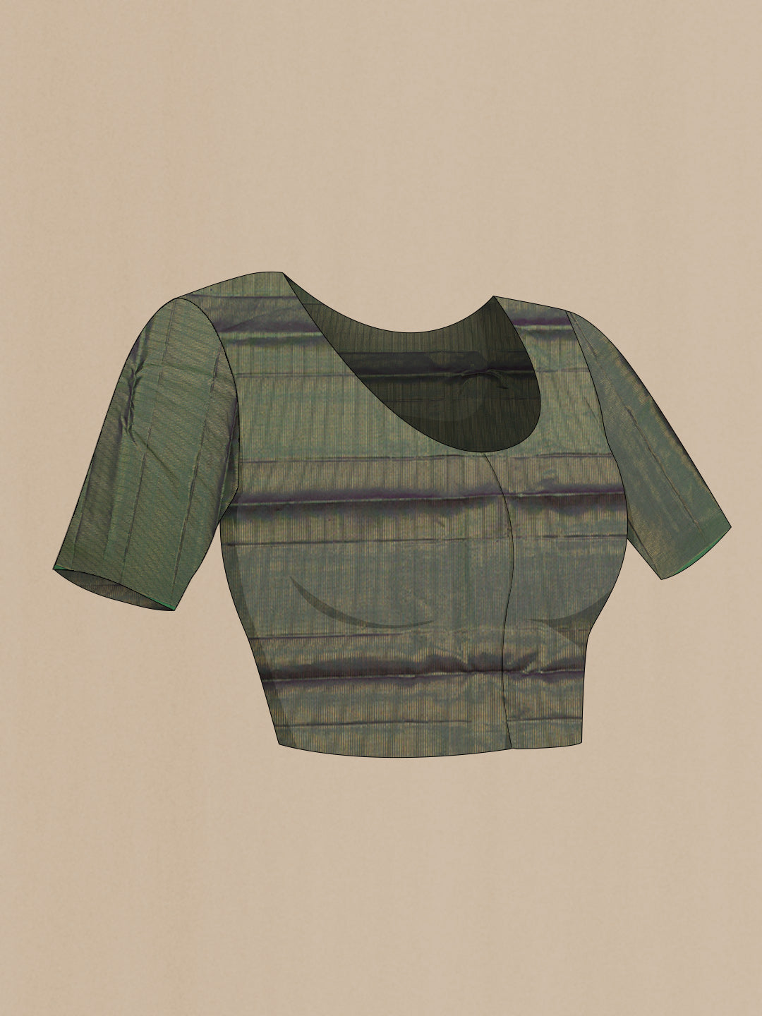 Close up image of the blouse of Pure Silk Bottle Green Kanchipuram Saree with Stripes on the body and Without Border. 