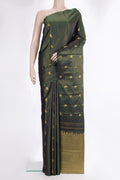 Pure Silk Bottle Green Kanchipuram Saree with Stripes on the body and Without Border.  displayed on a mannequin