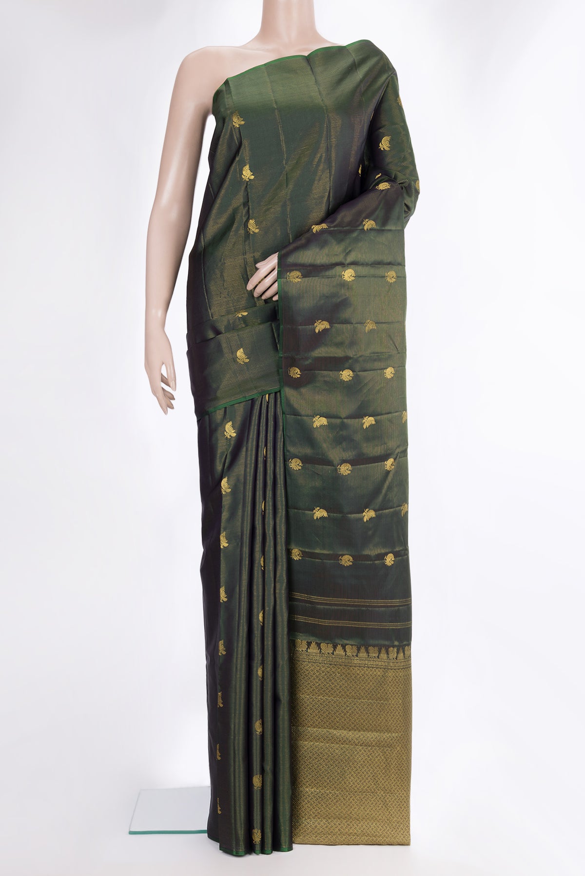 Pure Silk Bottle Green Kanchipuram Saree with Stripes on the body and Without Border.  displayed on a mannequin