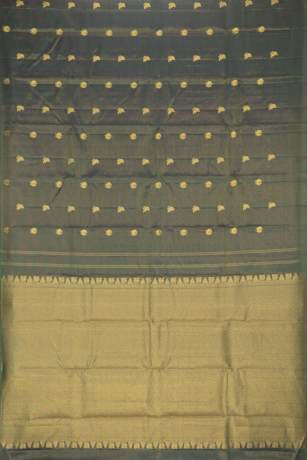 Flat view of Pure Silk Bottle Green Kanchipuram Saree with Stripes on the body and Without Border. 