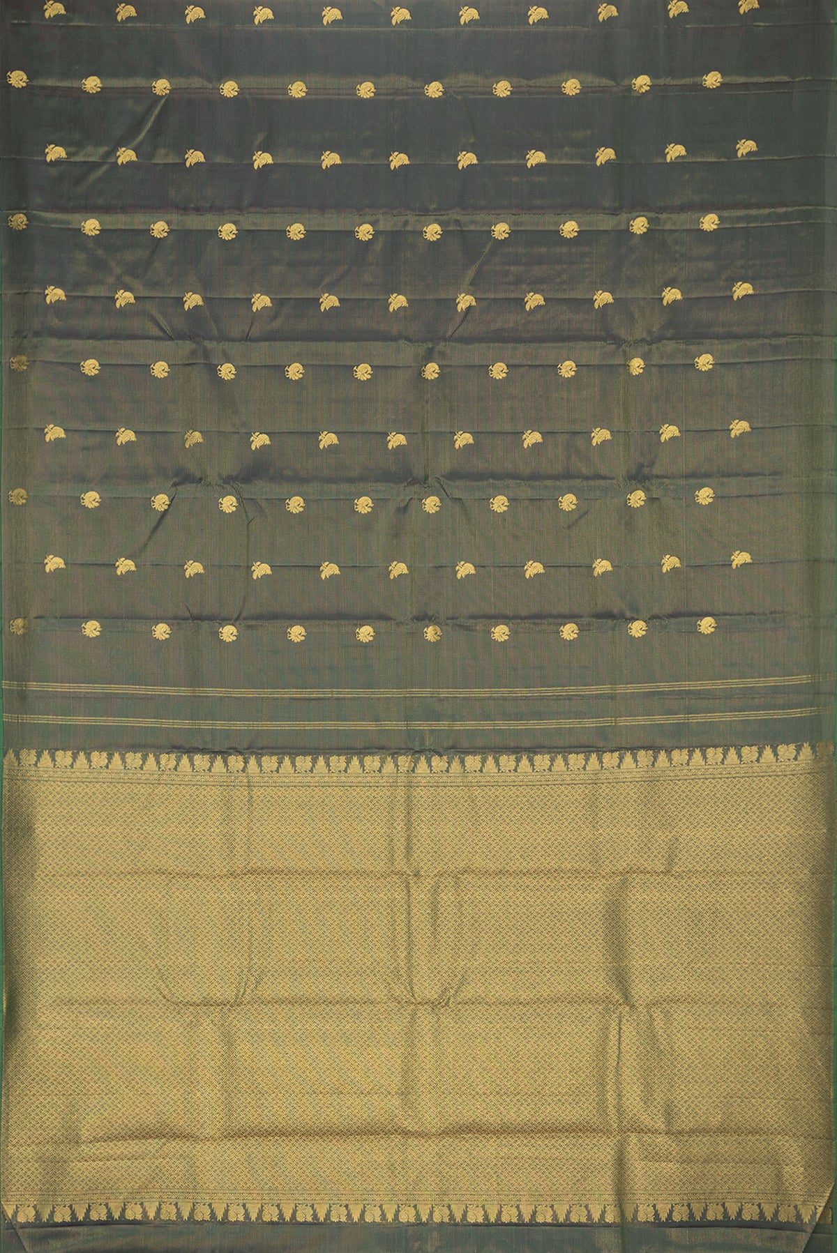 Flat view of Pure Silk Bottle Green Kanchipuram Saree with Stripes on the body and Without Border. 