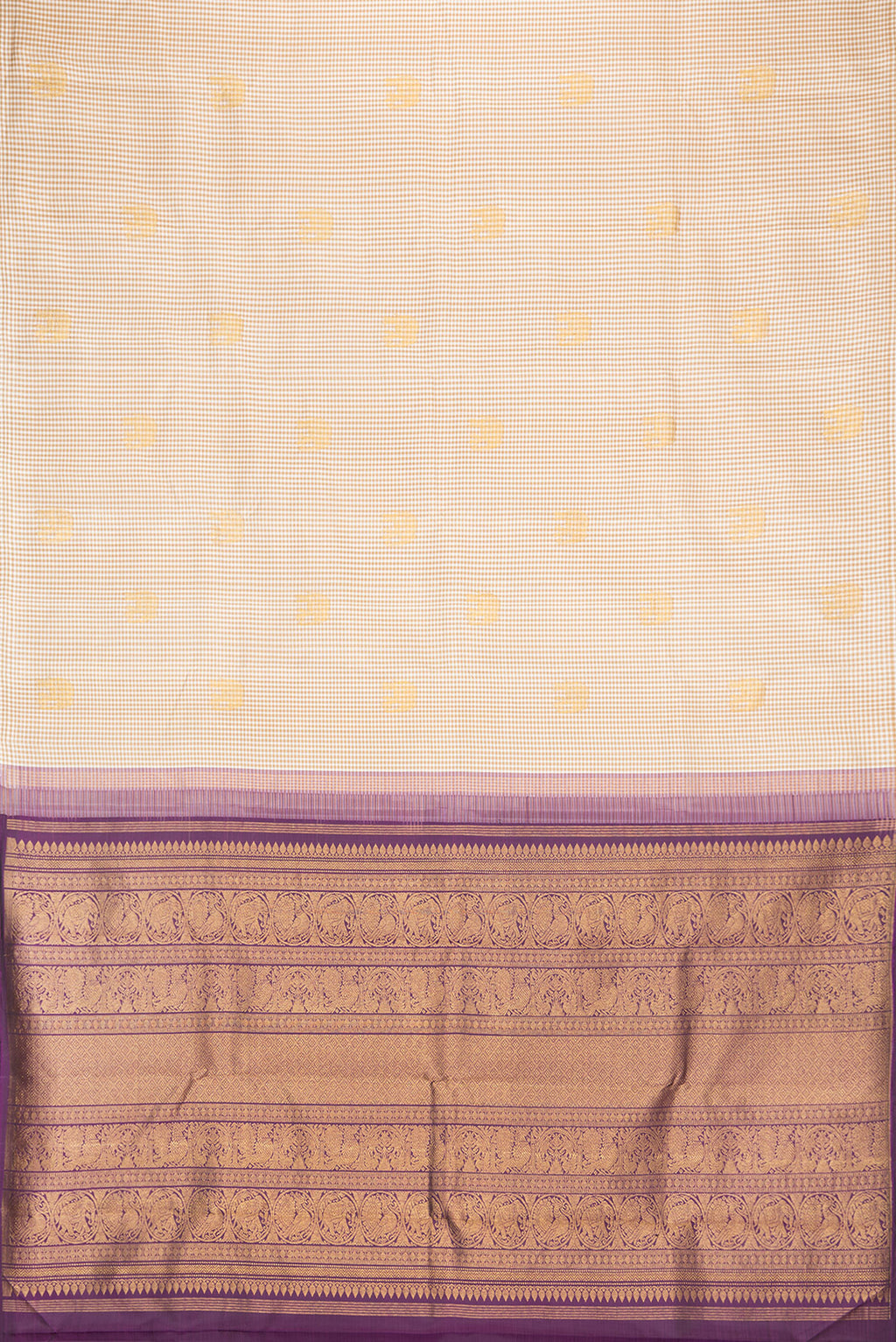 Flat view of Pure Silk Multi Color Kanchipuram Saree with Checked design on the body and Without Border. 