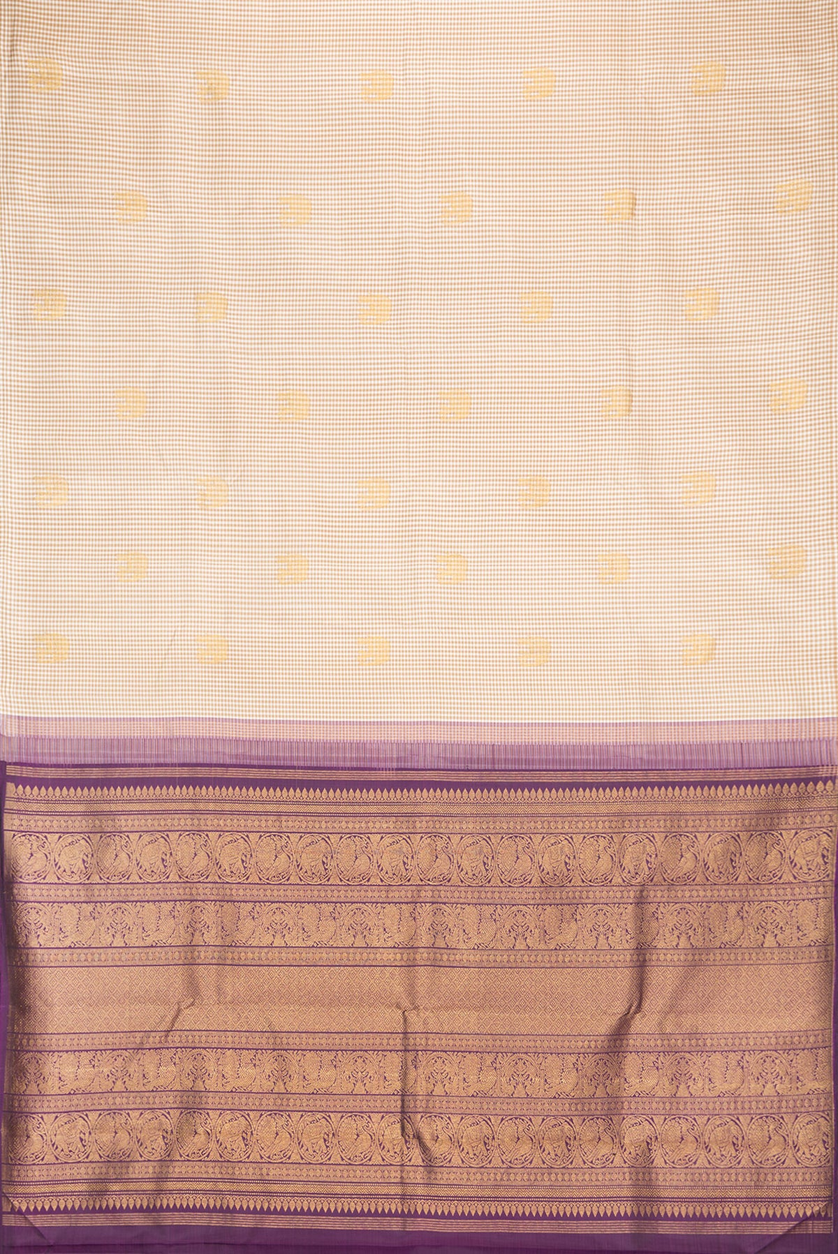 Flat view of Pure Silk Multi Color Kanchipuram Saree with Checked design on the body and Without Border. 