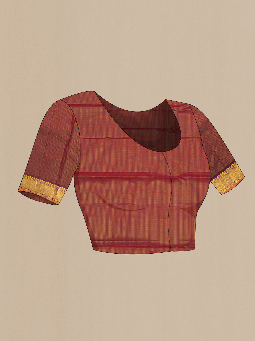 Close up image of the blouse of Pure Silk Dark Pink Kanchipuram Saree with Zari Butta on the body and Zari Border. 