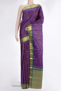 Pure Silk Purple Kanchipuram Saree with Stripes on the body and Zari Border.  displayed on a mannequin