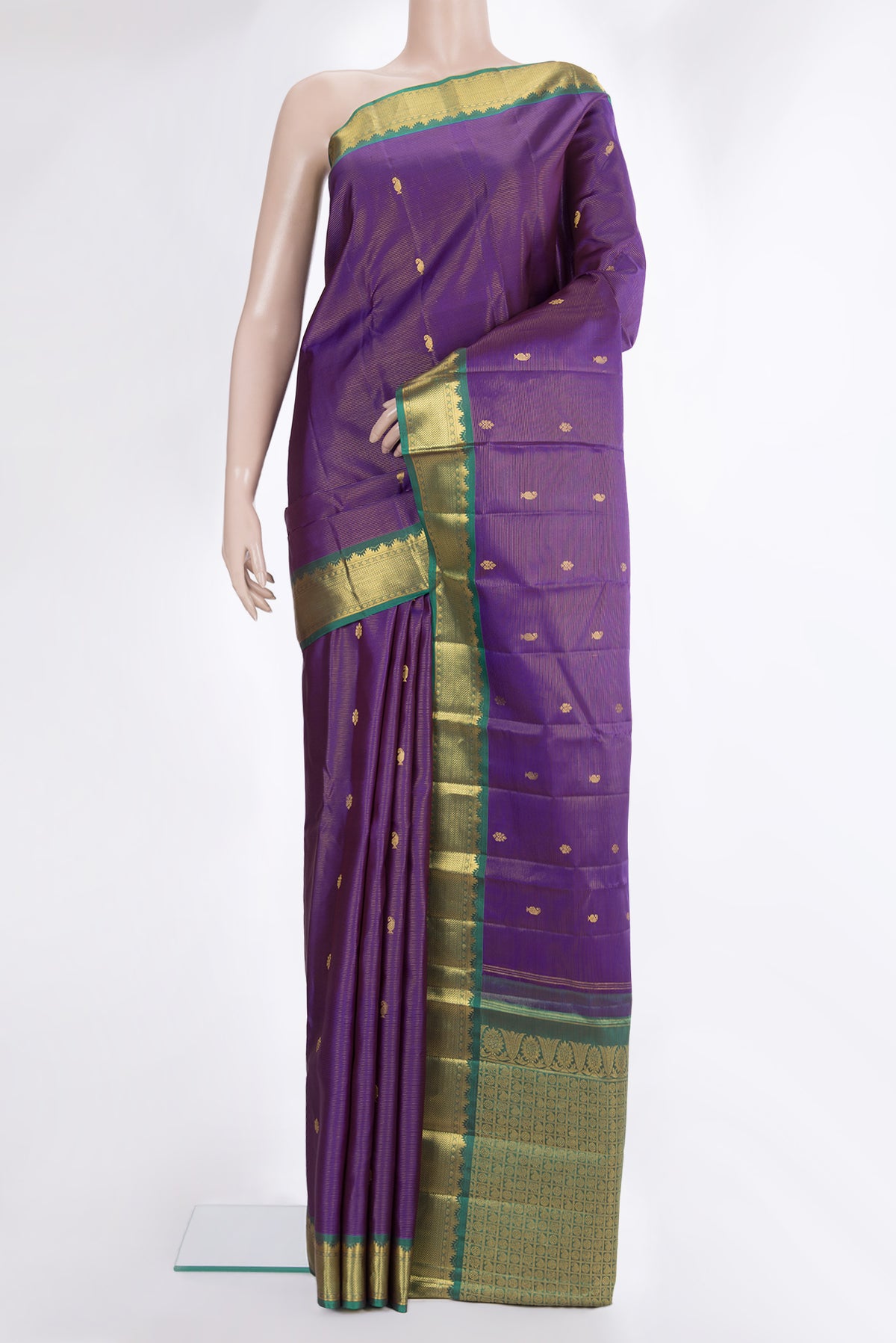 Pure Silk Purple Kanchipuram Saree with Stripes on the body and Zari Border.  displayed on a mannequin