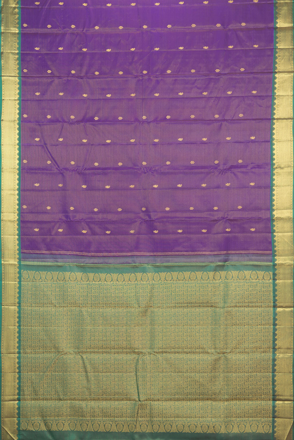 Flat view of Pure Silk Purple Kanchipuram Saree with Stripes on the body and Zari Border. 