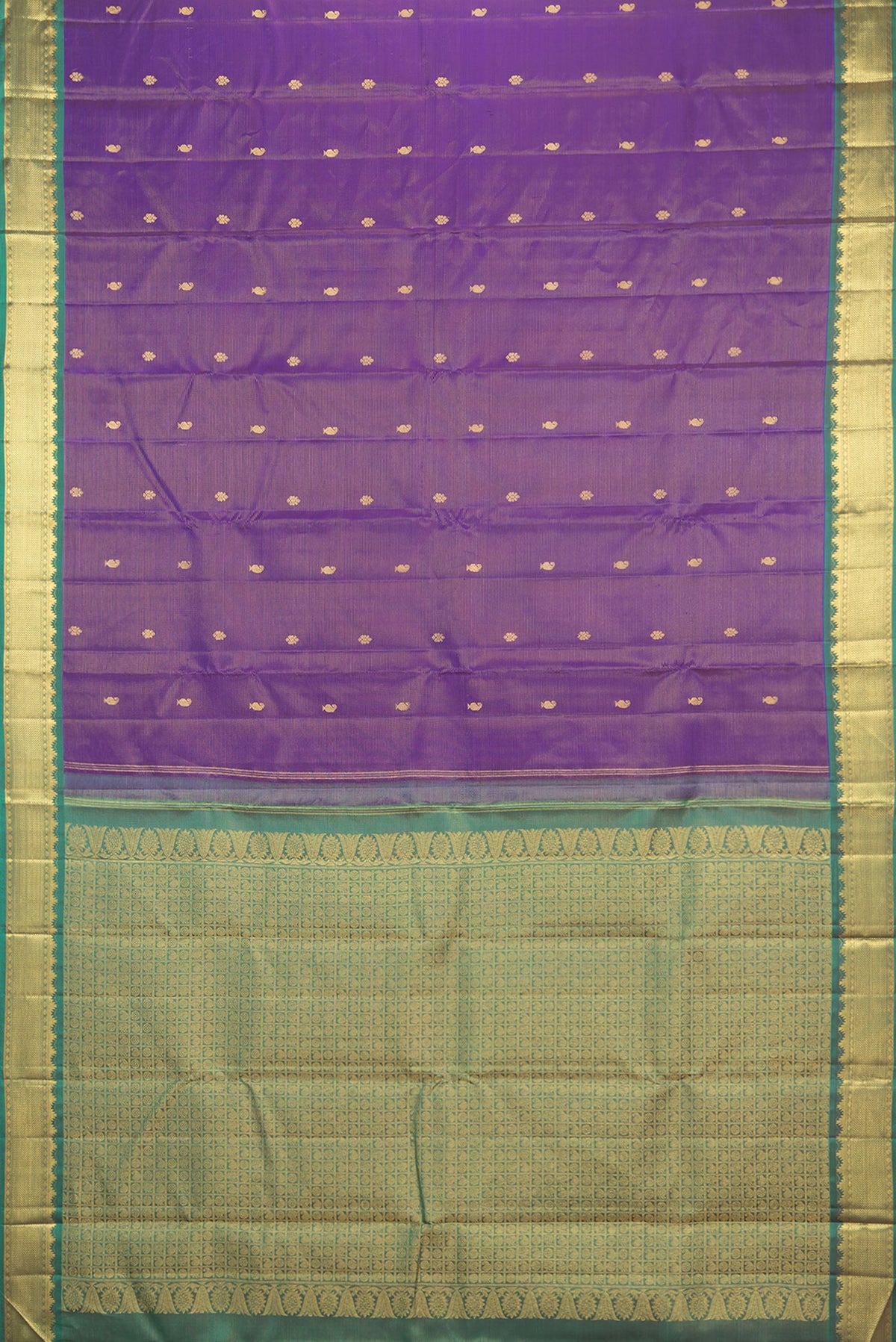 Flat view of Pure Silk Purple Kanchipuram Saree with Stripes on the body and Zari Border. 