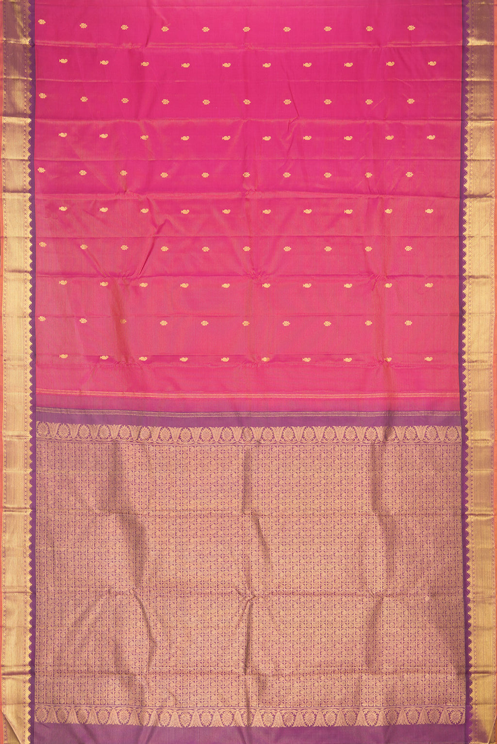 Flat view of Pure Silk Pink Dual Tone Kanchipuram Saree with Stripes on the body and Zari Border. 