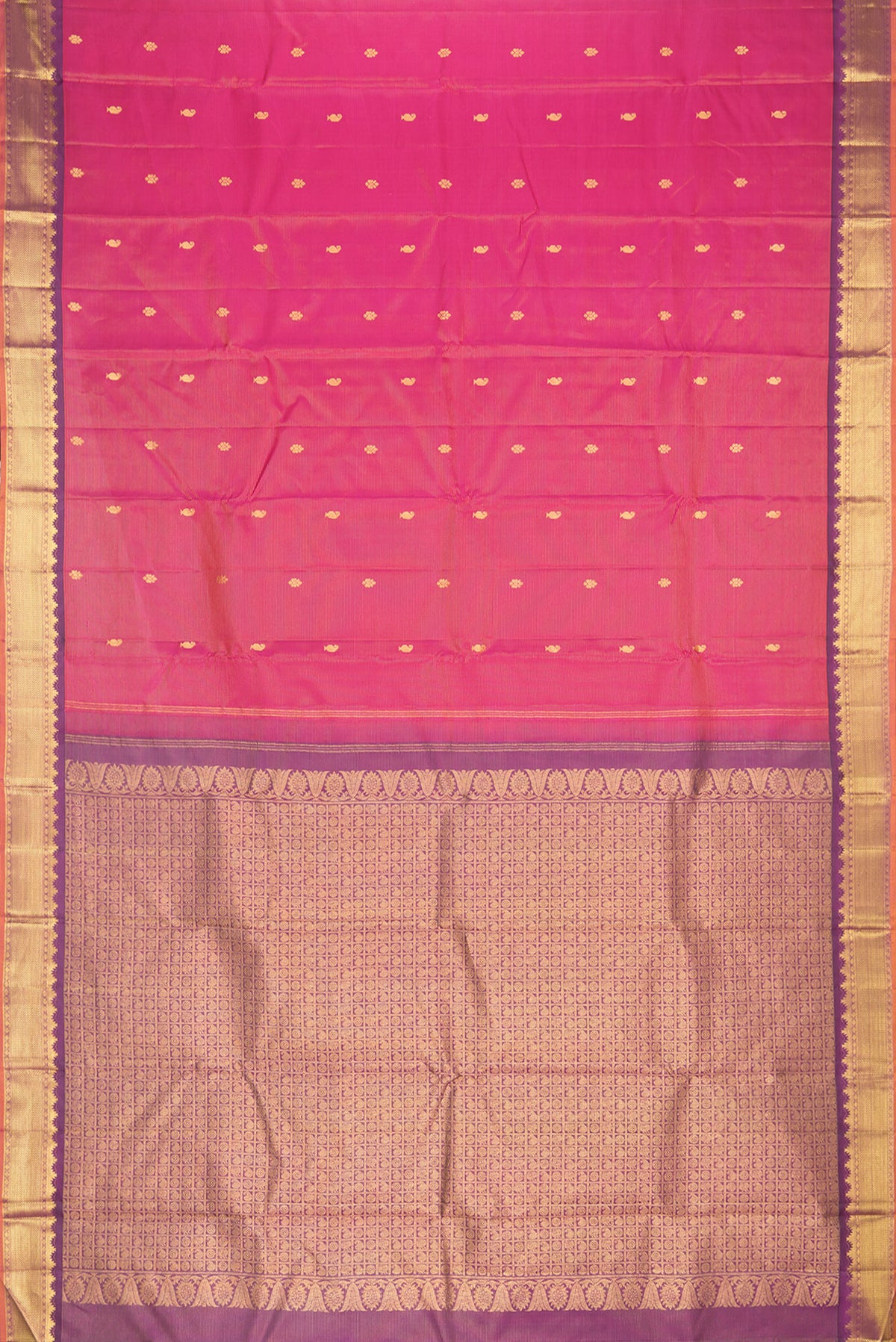 Flat view of Pure Silk Pink Dual Tone Kanchipuram Saree with Stripes on the body and Zari Border. 