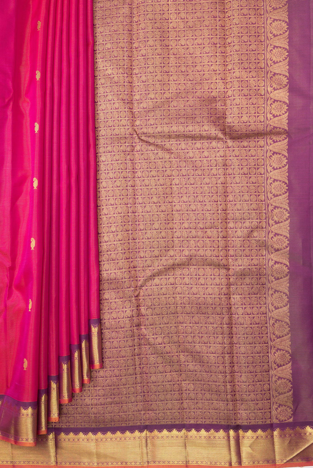 Pleats and pallu of Pure Silk Pink Dual Tone Kanchipuram Saree with Stripes on the body and Zari Border. 
