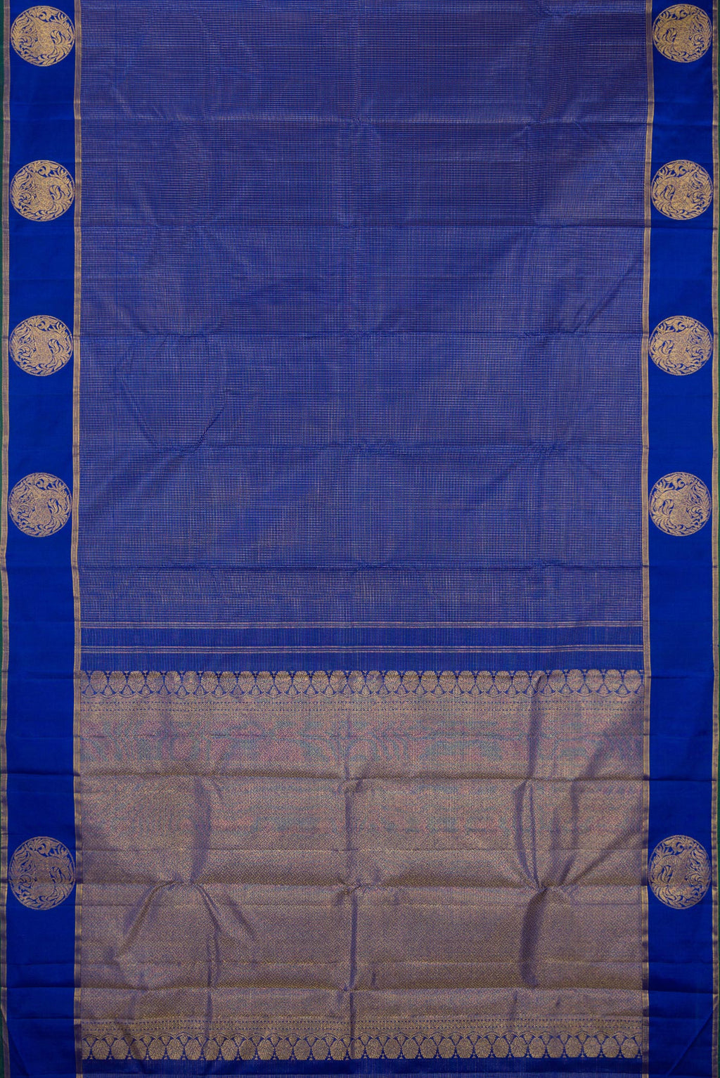 Flat view of Pure Silk Royal Blue Kanchipuram Saree with Checked design on the body and Fancy Border. 