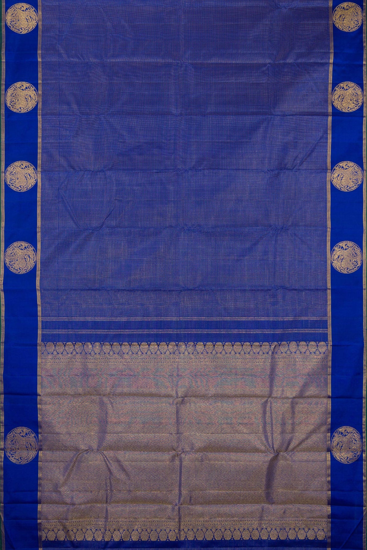 Flat view of Pure Silk Royal Blue Kanchipuram Saree with Checked design on the body and Fancy Border. 