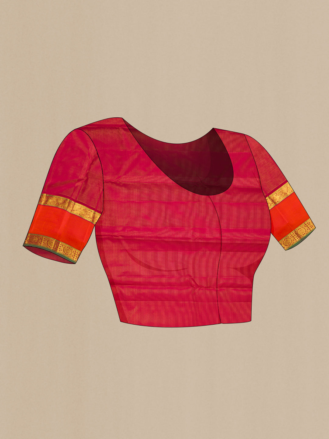 Close up image of the blouse of Pure Silk Red Kanchipuram Saree with Stripes on the body and Zari Border. 