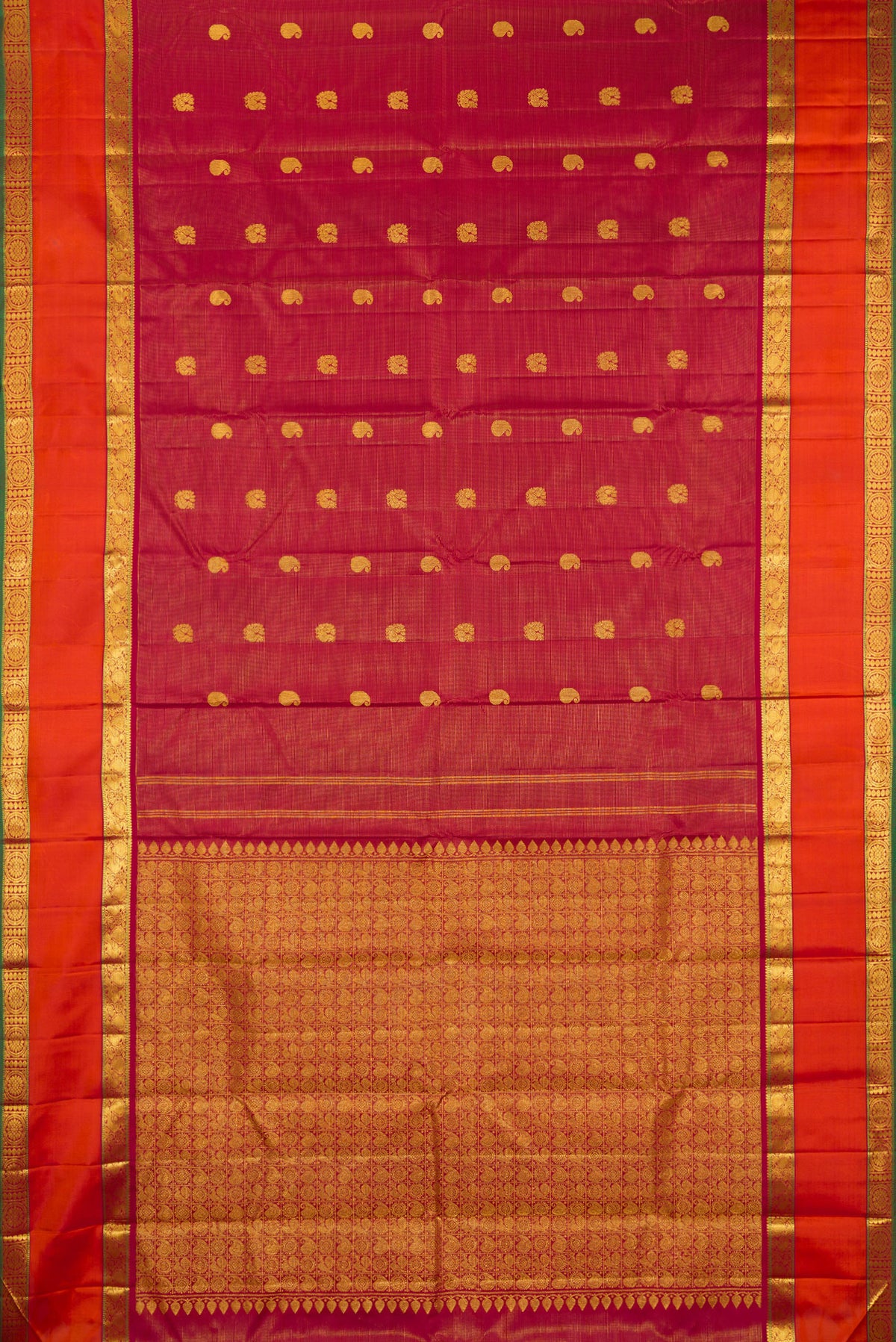 Flat view of Pure Silk Red Kanchipuram Saree with Stripes on the body and Zari Border. 