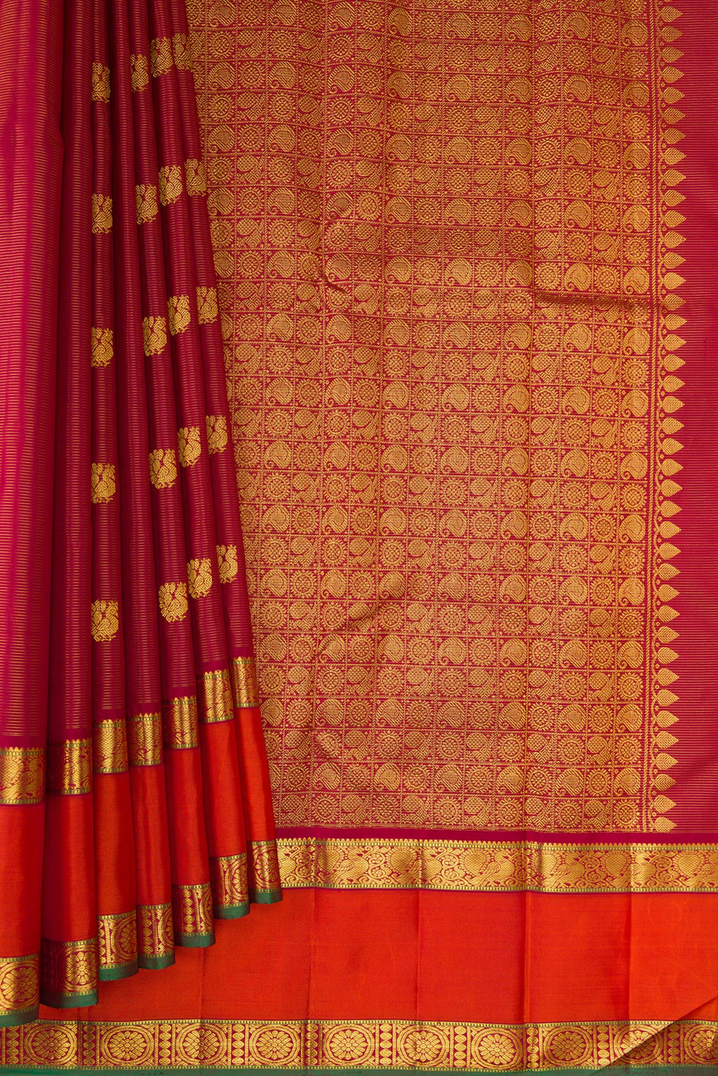 Pleats and pallu of Pure Silk Red Kanchipuram Saree with Stripes on the body and Zari Border. 