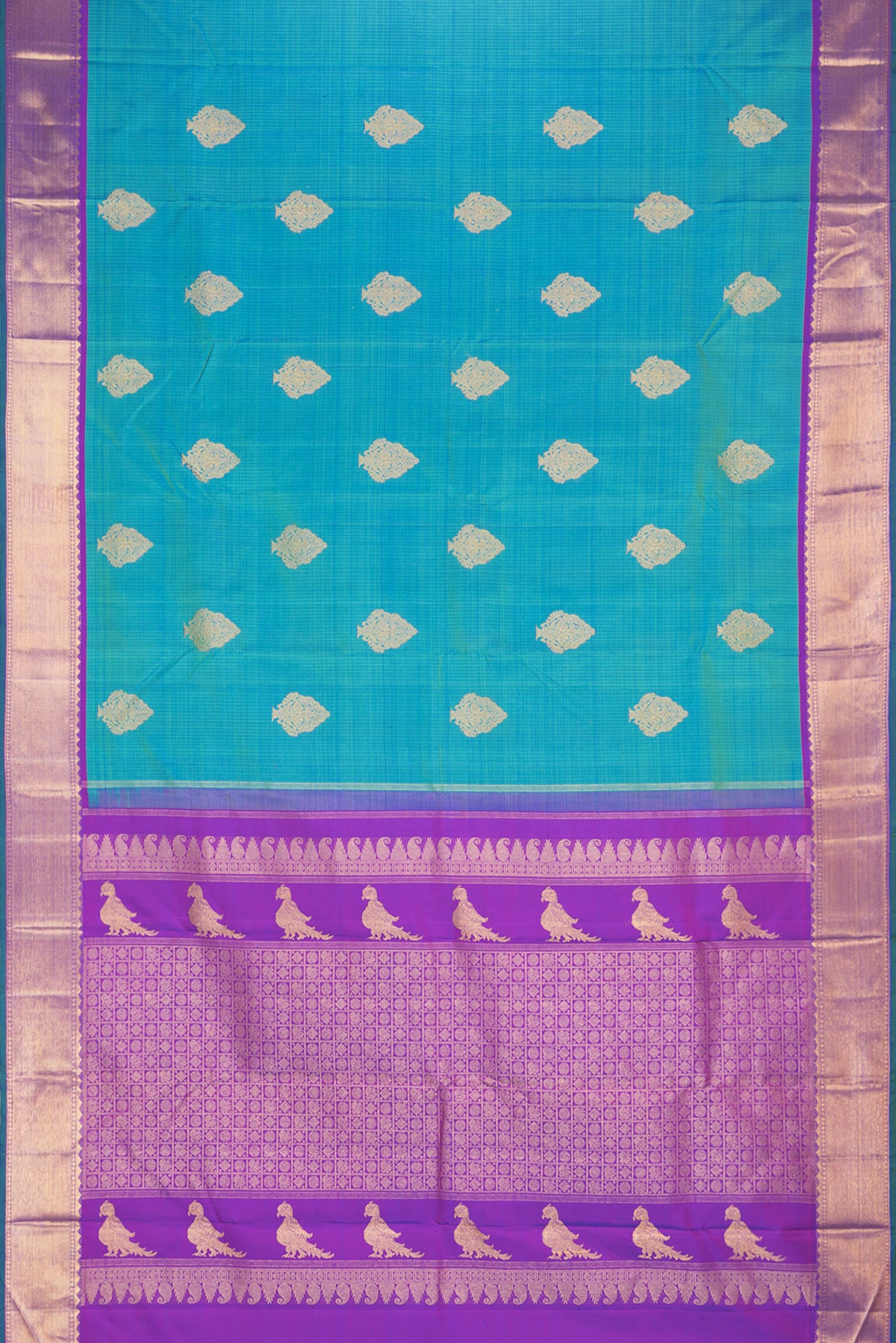 Flat view of Pure Silk Peacock Blue Kanjivaram Saree with Stripes on the body and Zari Border. 