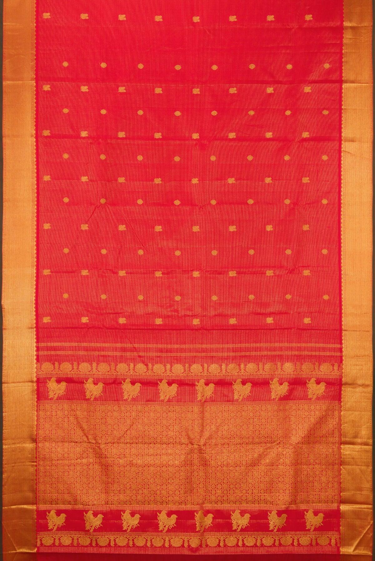 Flat view of Pure Silk Brick Orange Dual Tone Kanjivaram Saree with Zari Butta on the body and Zari Border. 