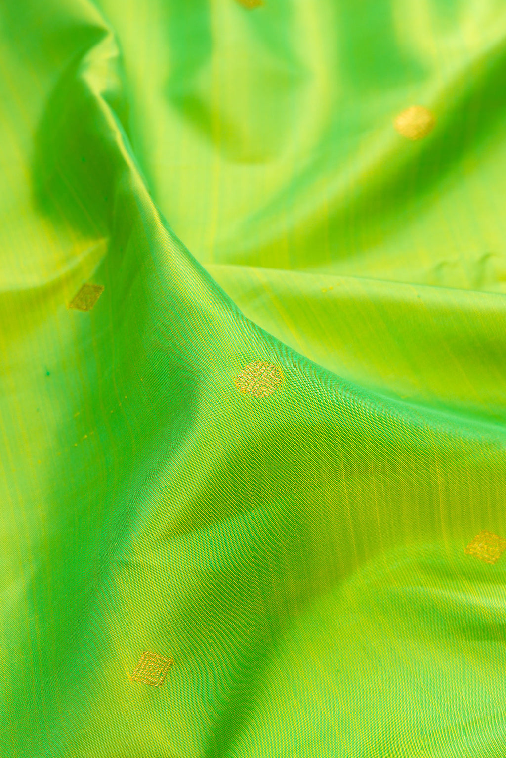 Close up of Pure Silk Parrot Green Kanjivaram Saree with Zari Butta on the body and Temple Border.  displaying folds