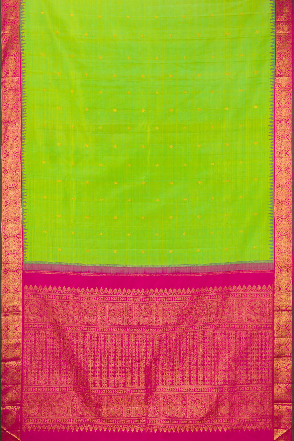 Flat view of Pure Silk Parrot Green Kanjivaram Saree with Zari Butta on the body and Temple Border. 