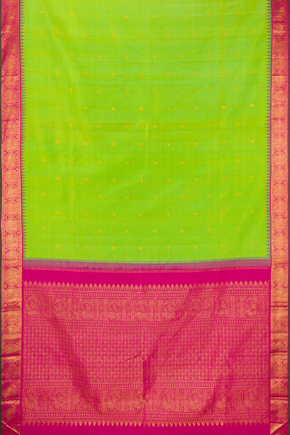 Flat view of Pure Silk Parrot Green Kanjivaram Saree with Zari Butta on the body and Temple Border. 