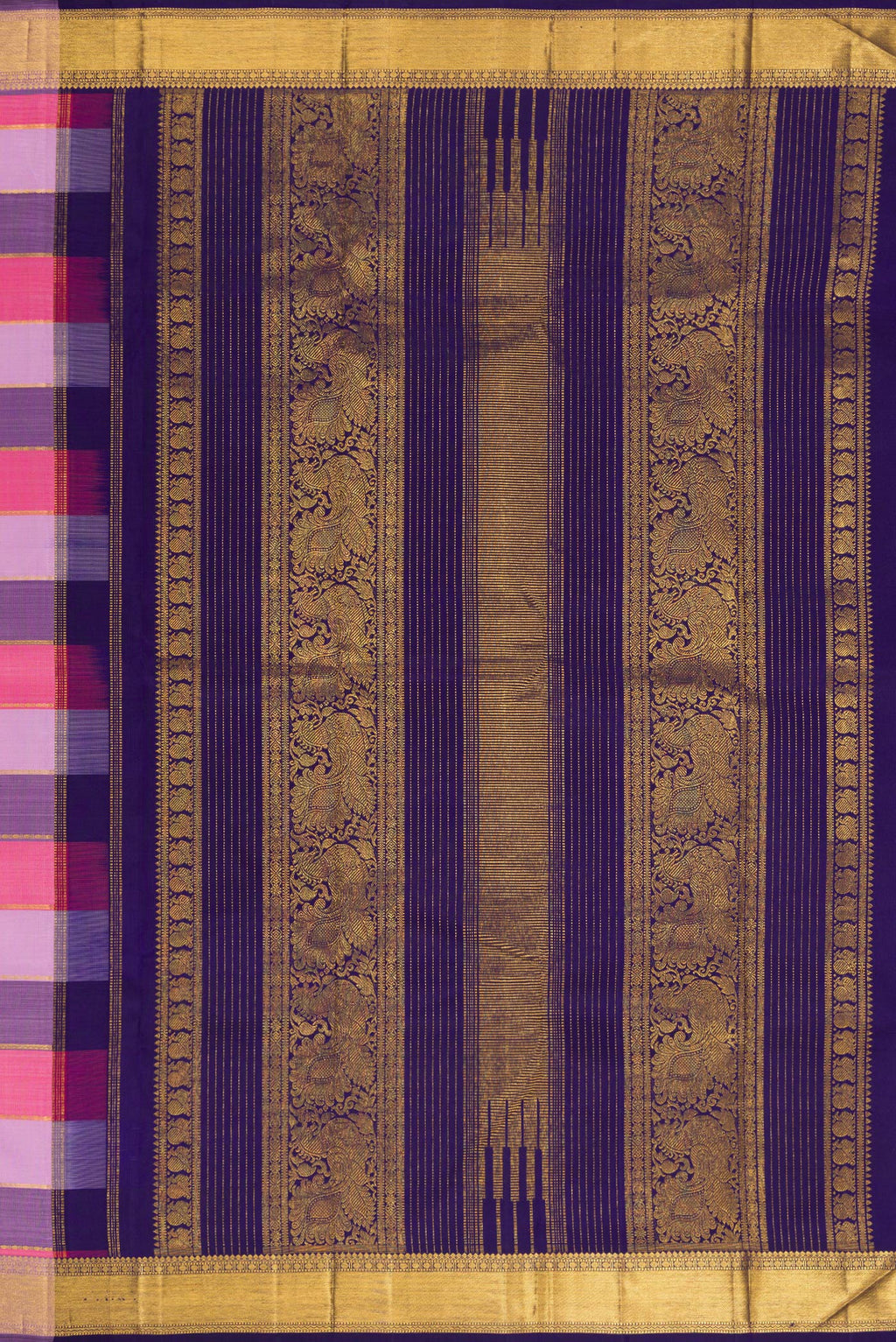 Close up image of the pallu of Pure Silk Multi Color Kanjivaram Saree with Checked design on the body and Zari Border. 