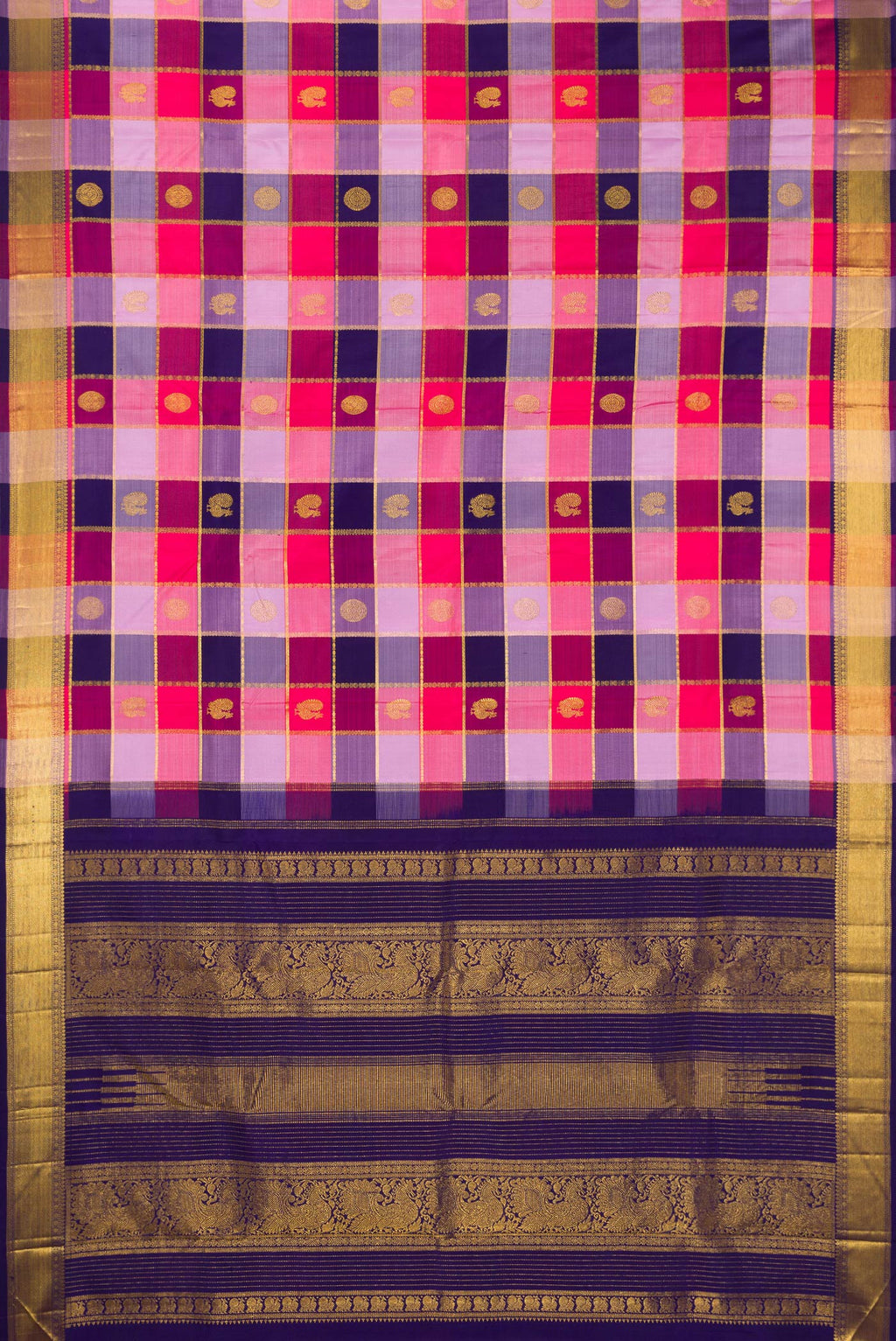 Flat view of Pure Silk Multi Color Kanjivaram Saree with Checked design on the body and Zari Border. 