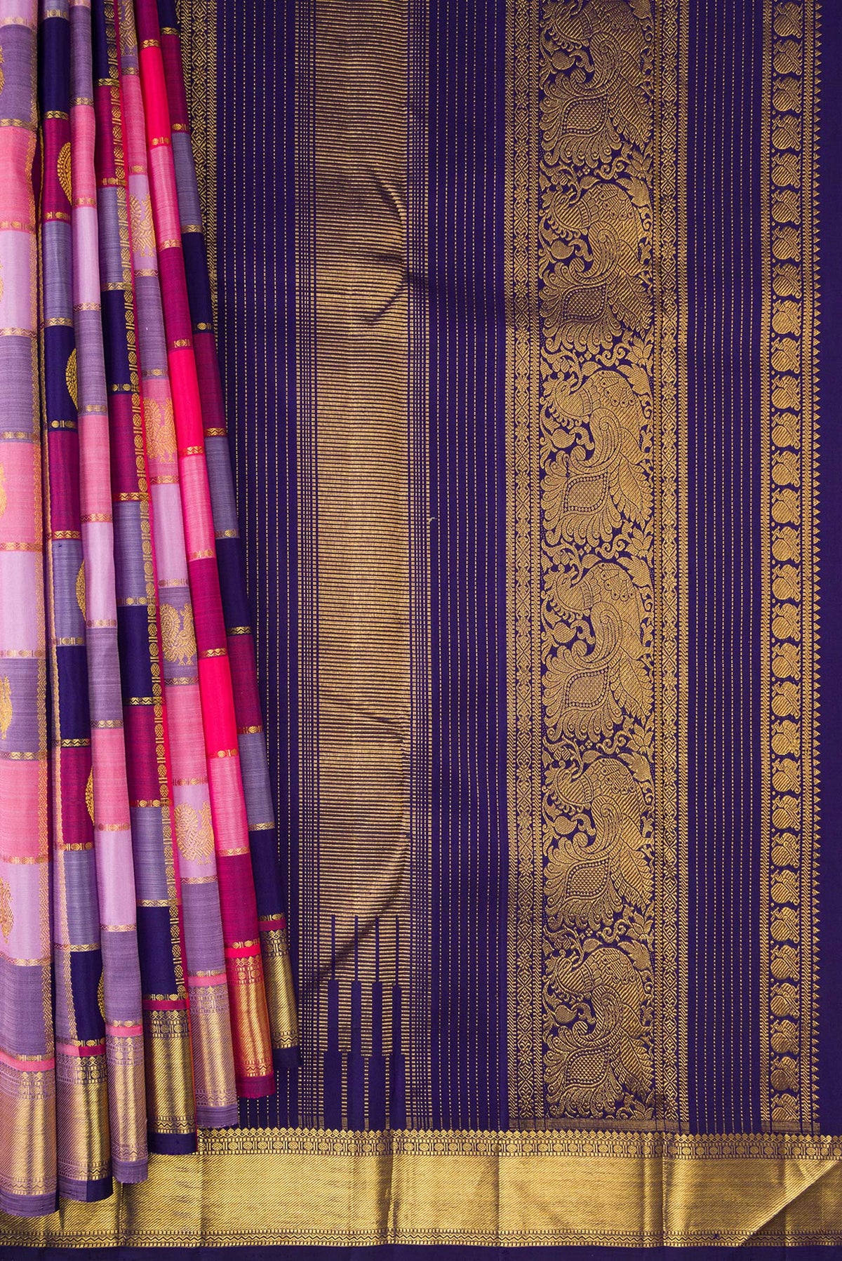 Pleats and pallu of Pure Silk Multi Color Kanjivaram Saree with Checked design on the body and Zari Border. 