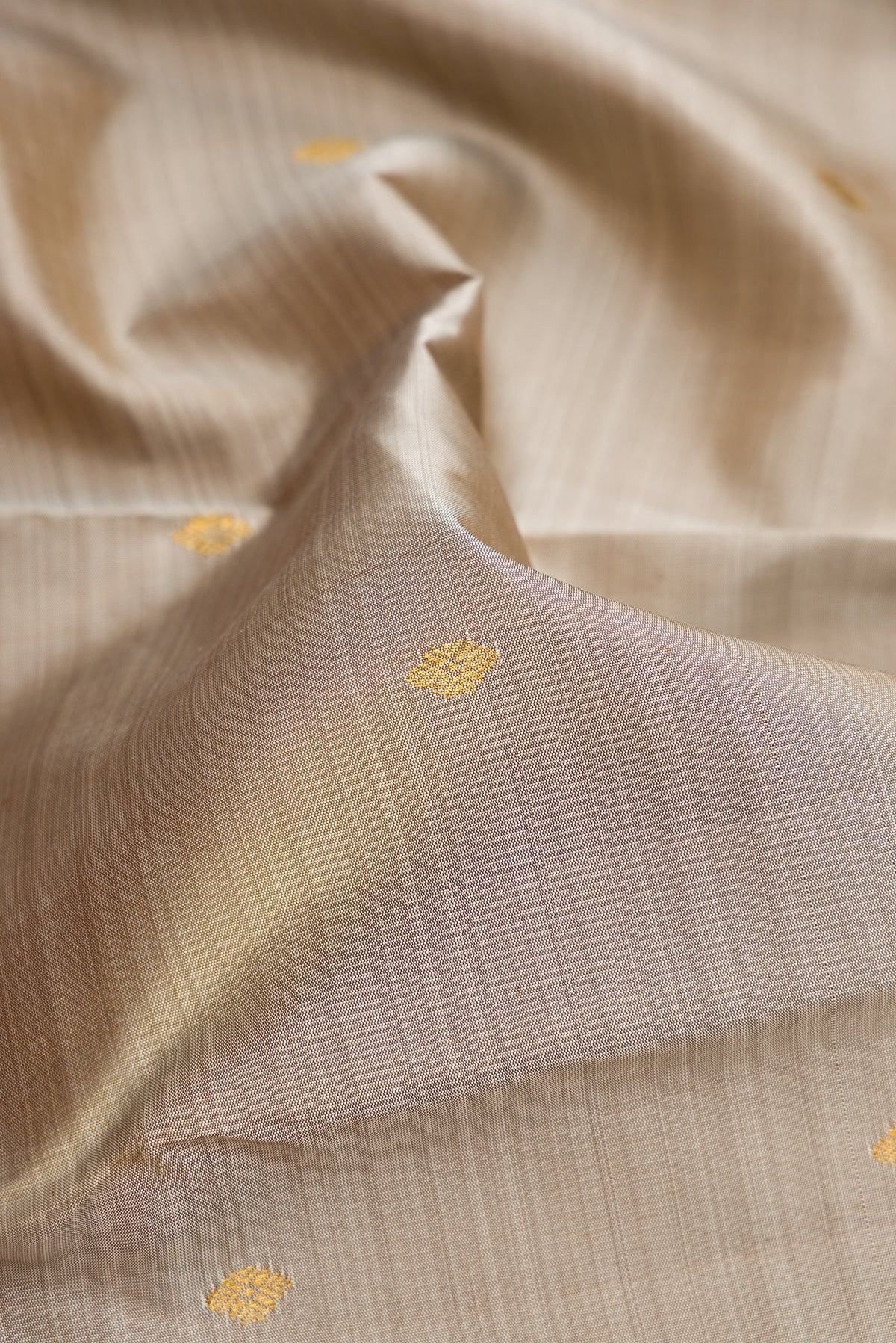 Close up of Pure Silk Grey Kanjivaram Saree with Zari Butta on the body and Zari Border.  displaying folds