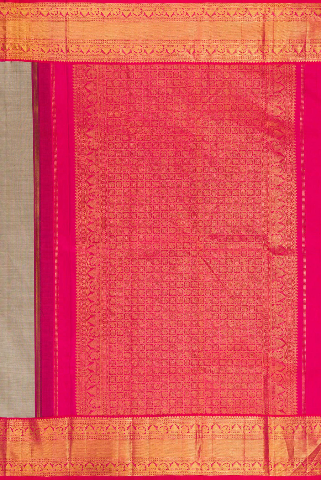 Close up image of the pallu of Pure Silk Grey Kanjivaram Saree with Zari Butta on the body and Zari Border. 