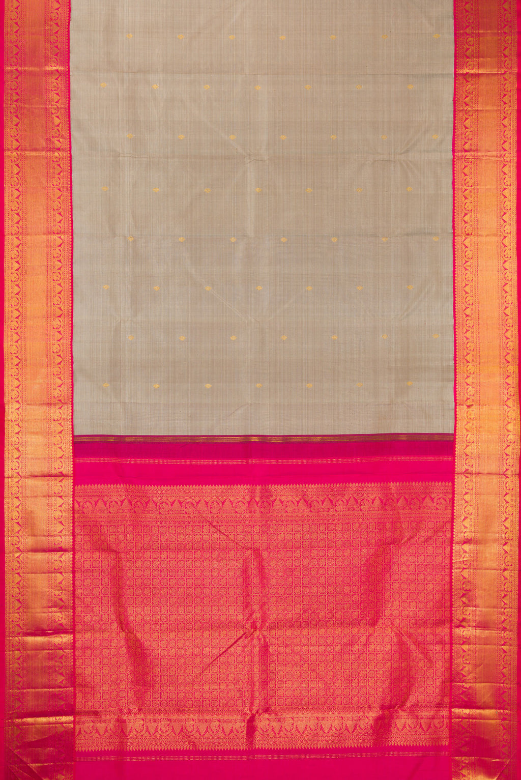 Flat view of Pure Silk Grey Kanjivaram Saree with Zari Butta on the body and Zari Border. 