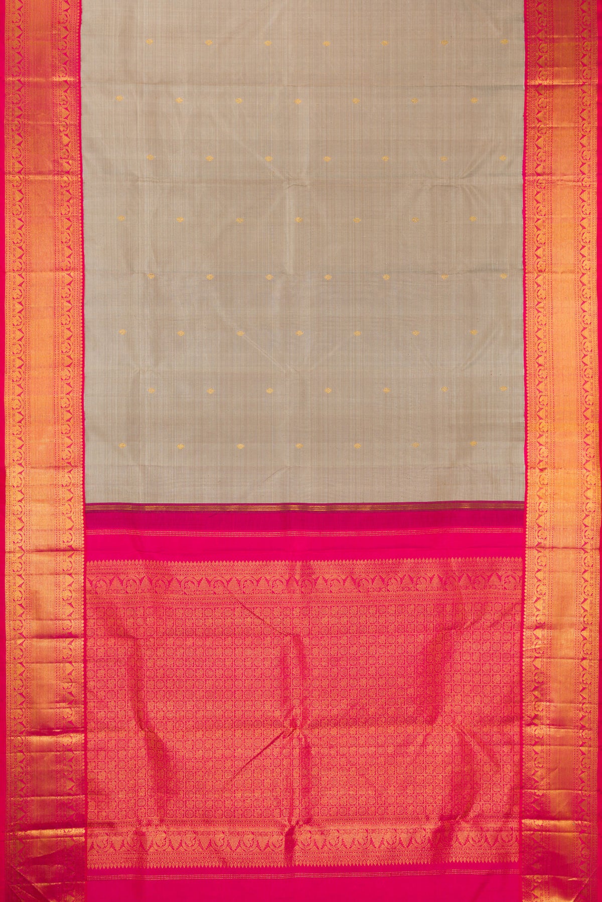 Flat view of Pure Silk Grey Kanjivaram Saree with Zari Butta on the body and Zari Border. 