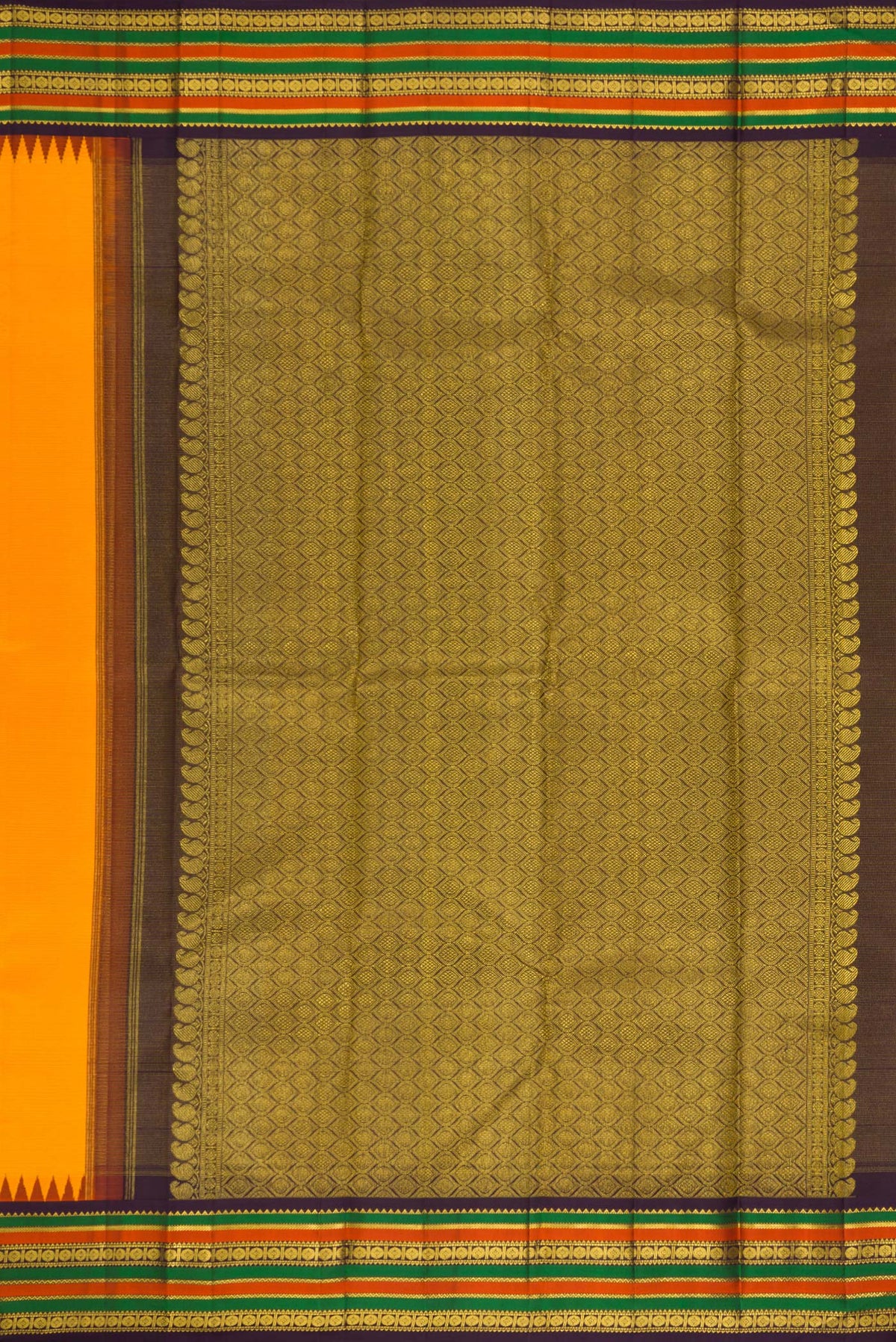 Close up image of the pallu of Pure Silk Yellow Kanjivaram Saree with Stripes on the body and Temple Border. 