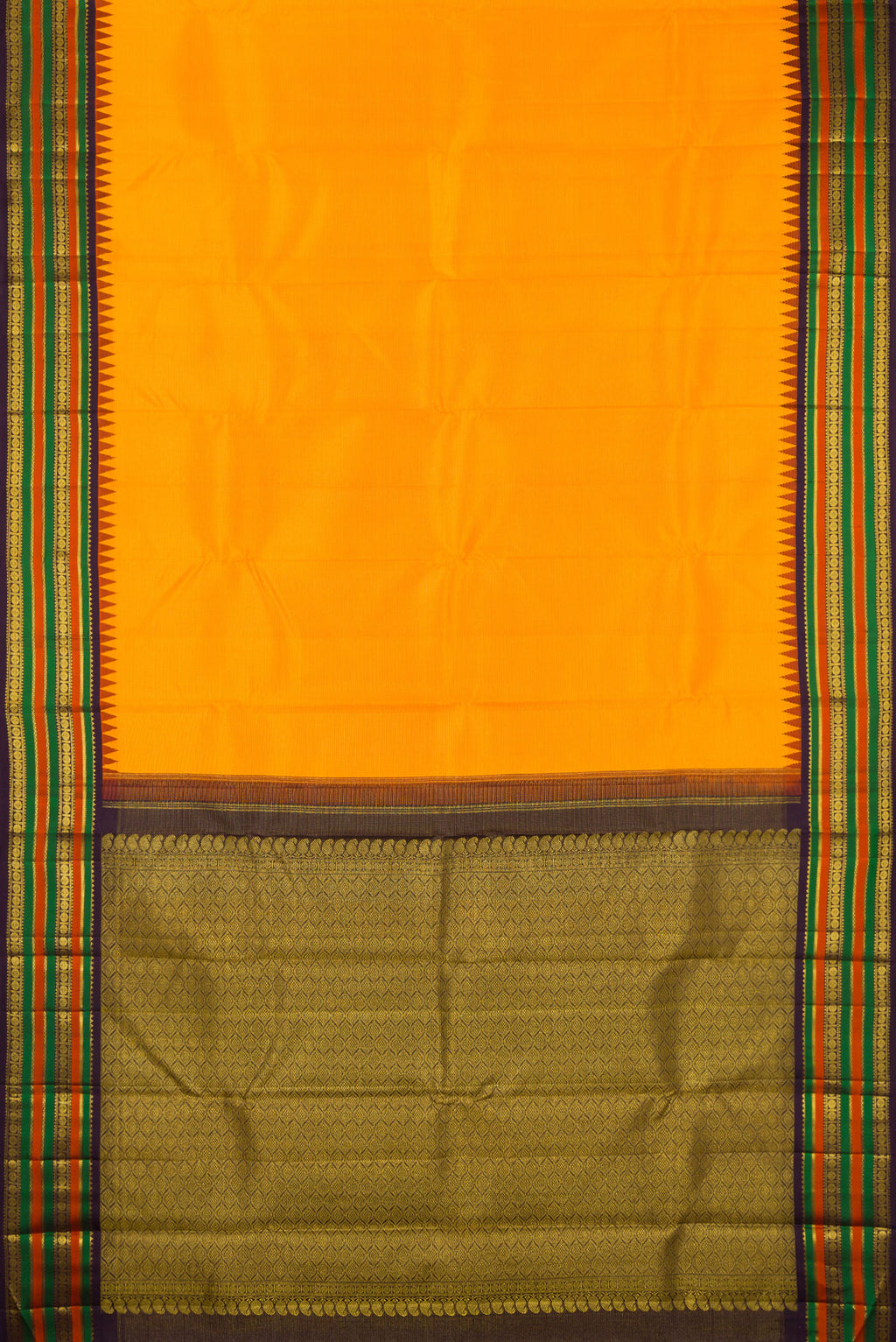Flat view of Pure Silk Yellow Kanjivaram Saree with Stripes on the body and Temple Border. 