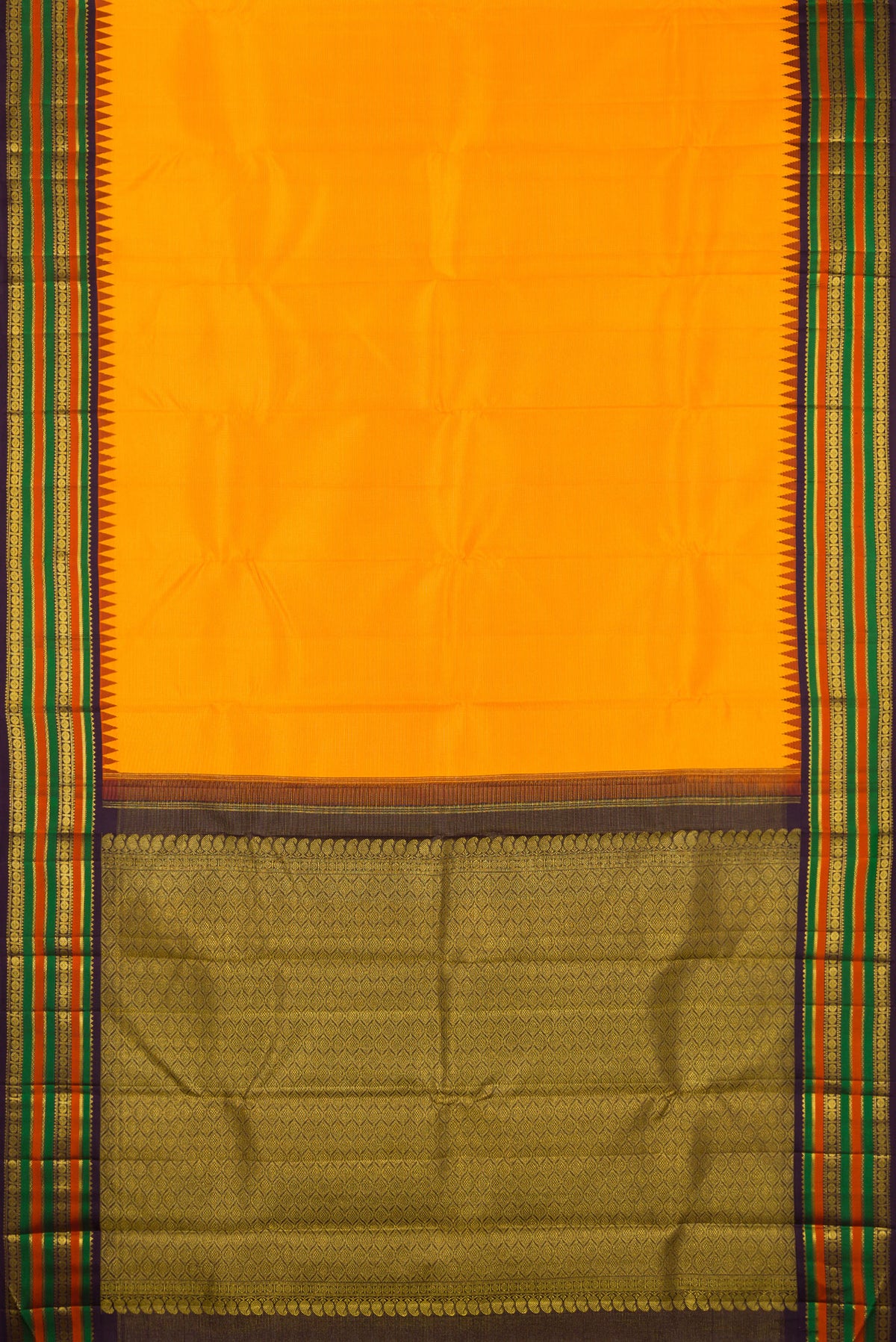 Flat view of Pure Silk Yellow Kanjivaram Saree with Stripes on the body and Temple Border. 