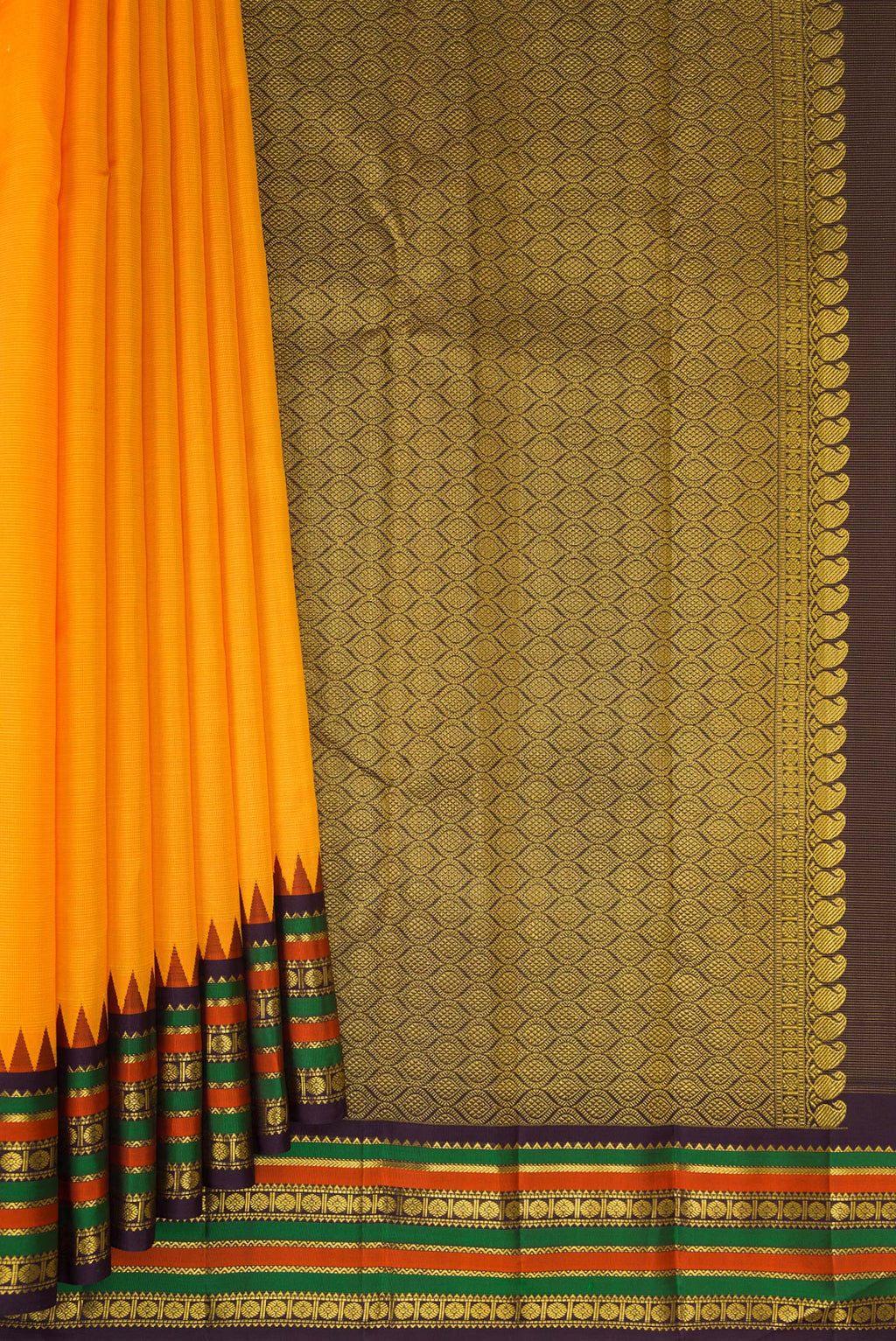 Pleats and pallu of Pure Silk Yellow Kanjivaram Saree with Stripes on the body and Temple Border. 