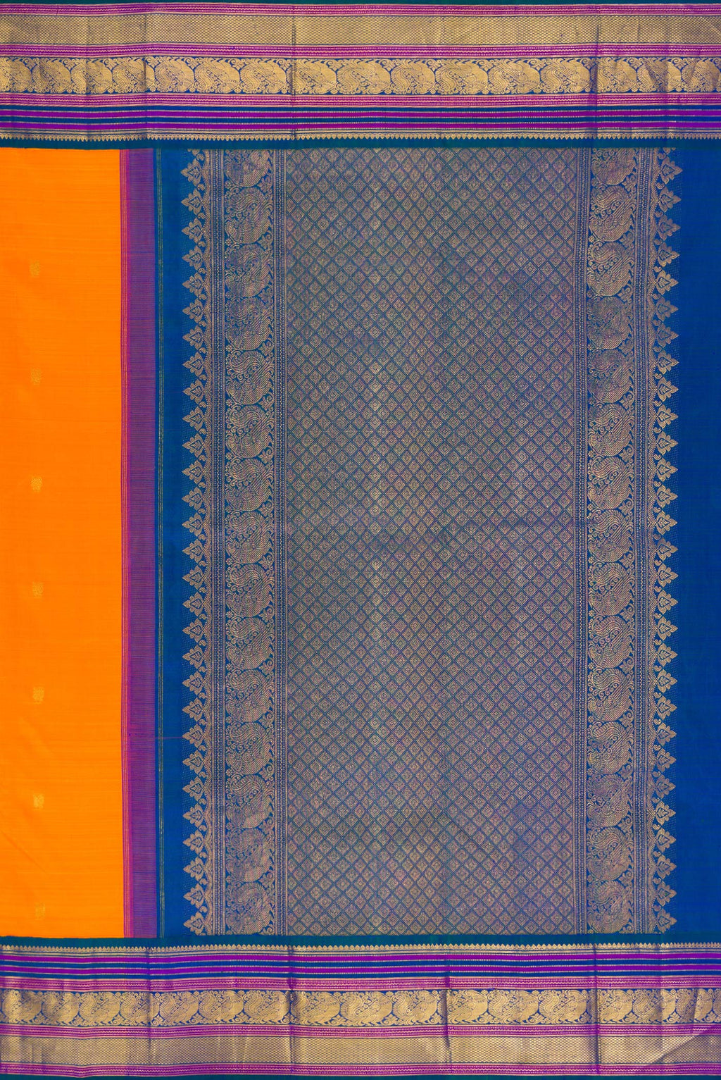 Close up image of the pallu of Pure Silk Orange Dual Tone Kanjivaram Saree with Zari Butta on the body and Zari Border. 
