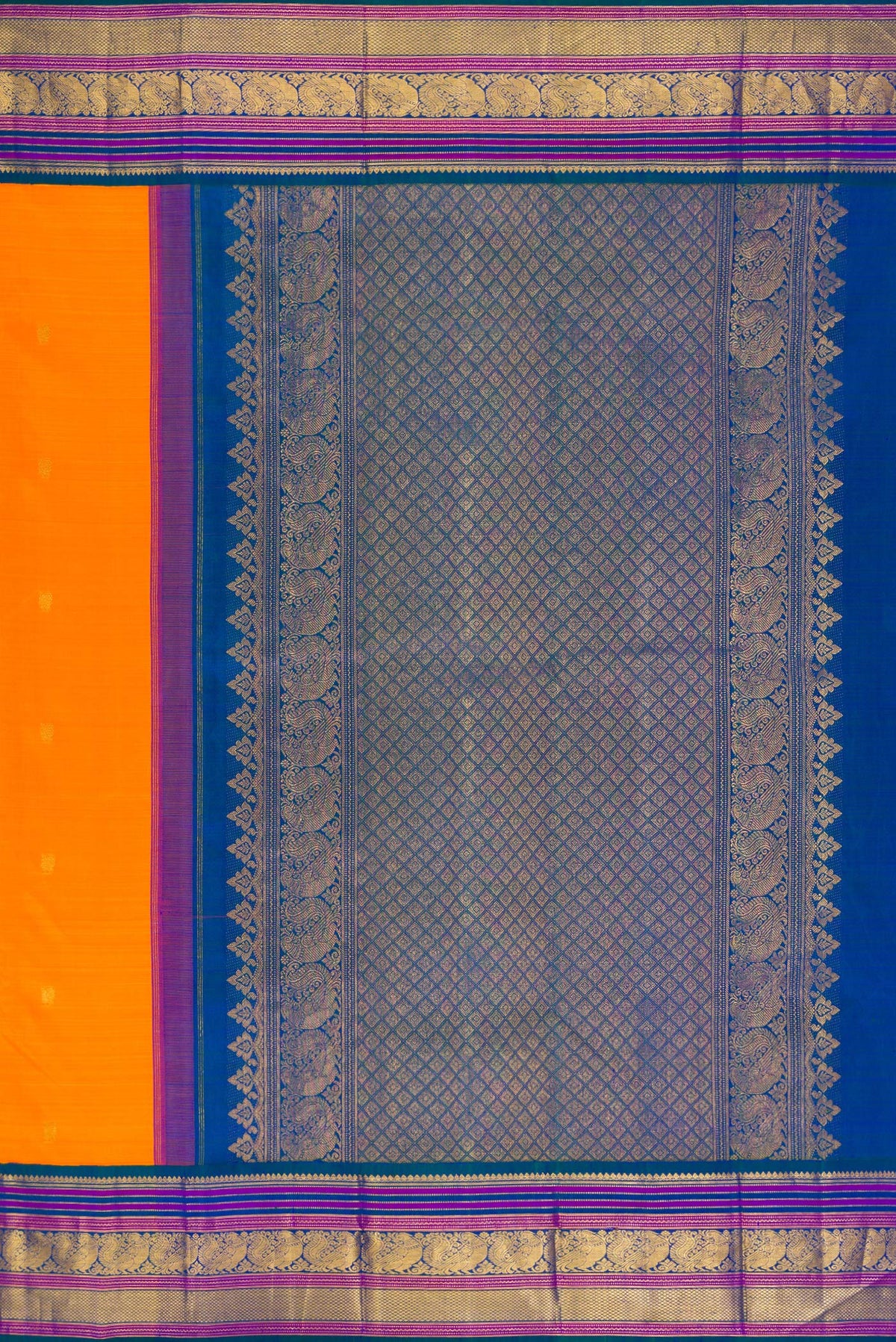 Close up image of the pallu of Pure Silk Orange Dual Tone Kanjivaram Saree with Zari Butta on the body and Zari Border. 