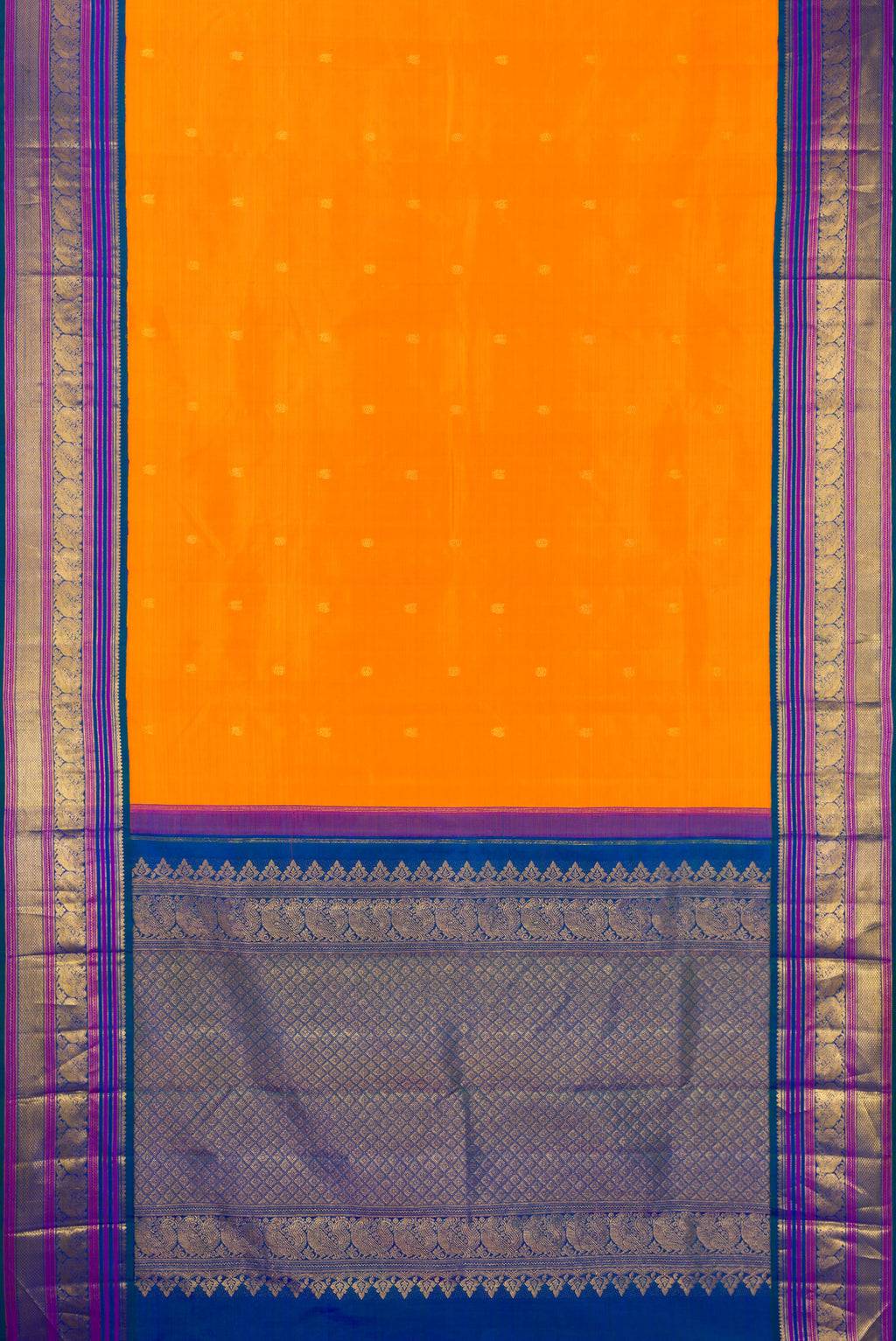 Flat view of Pure Silk Orange Dual Tone Kanjivaram Saree with Zari Butta on the body and Zari Border. 