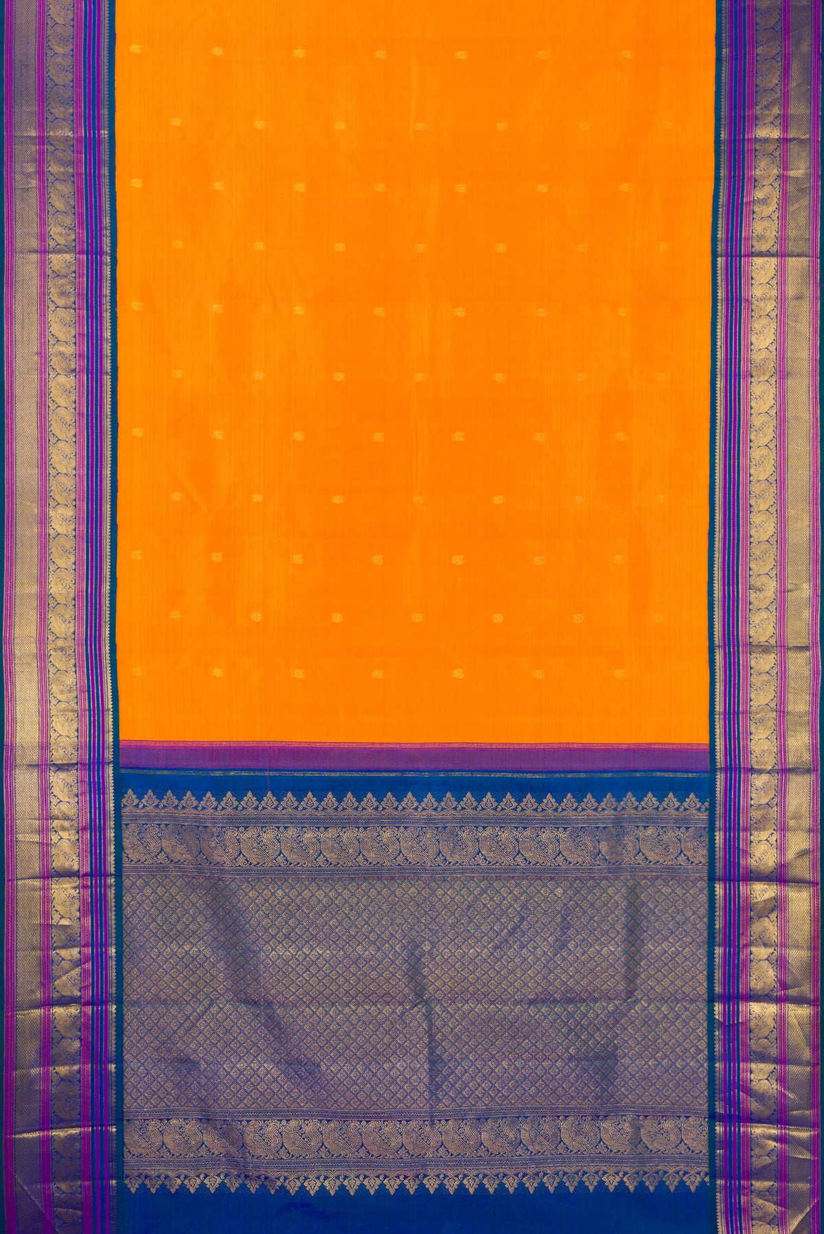 Flat view of Pure Silk Orange Dual Tone Kanjivaram Saree with Zari Butta on the body and Zari Border. 