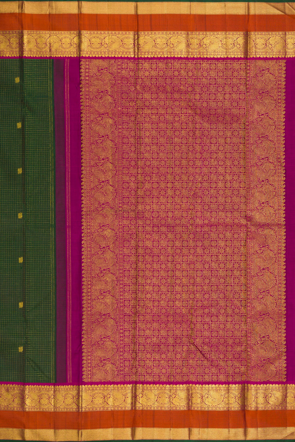 Close up image of the pallu of Pure Silk Green Kanjivaram Saree with Checked design on the body and Zari Border. 