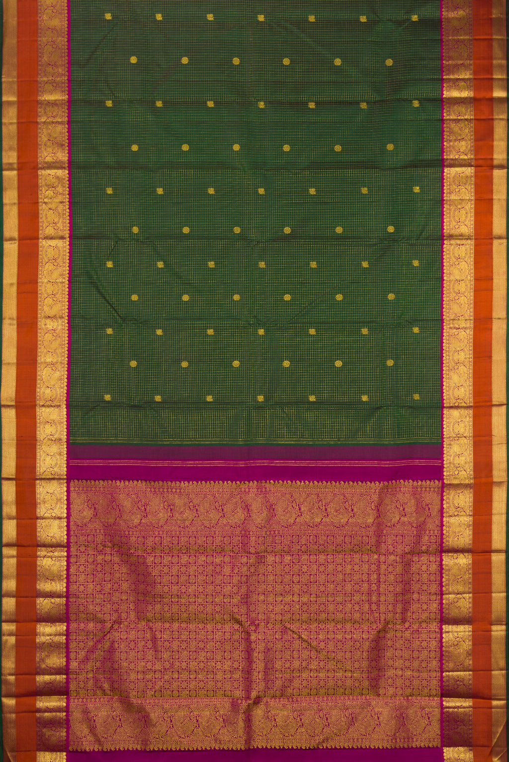 Flat view of Pure Silk Green Kanjivaram Saree with Checked design on the body and Zari Border. 