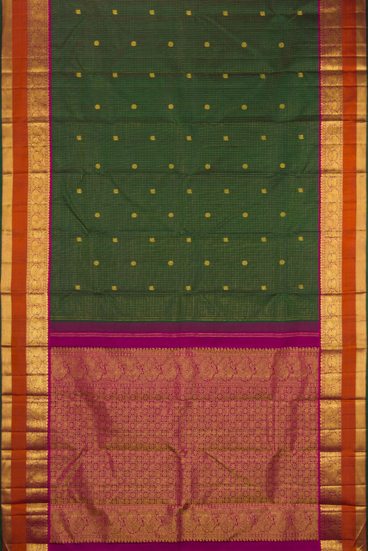 Flat view of Pure Silk Green Kanjivaram Saree with Checked design on the body and Zari Border. 