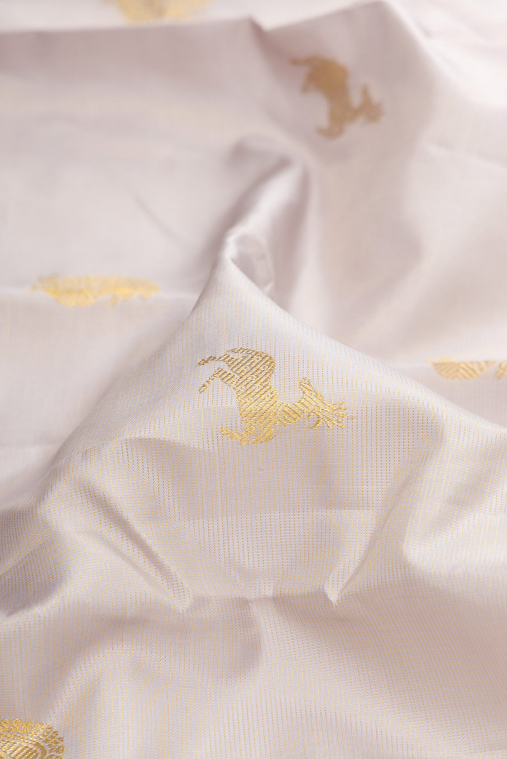 Close up of Pure Silk Cream Kanjivaram Saree with Zari Butta on the body and Zari Border.  displaying folds
