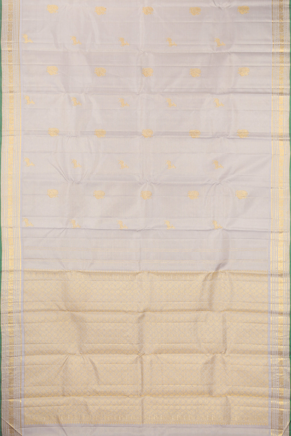 Flat view of Pure Silk Cream Kanjivaram Saree with Zari Butta on the body and Zari Border. 