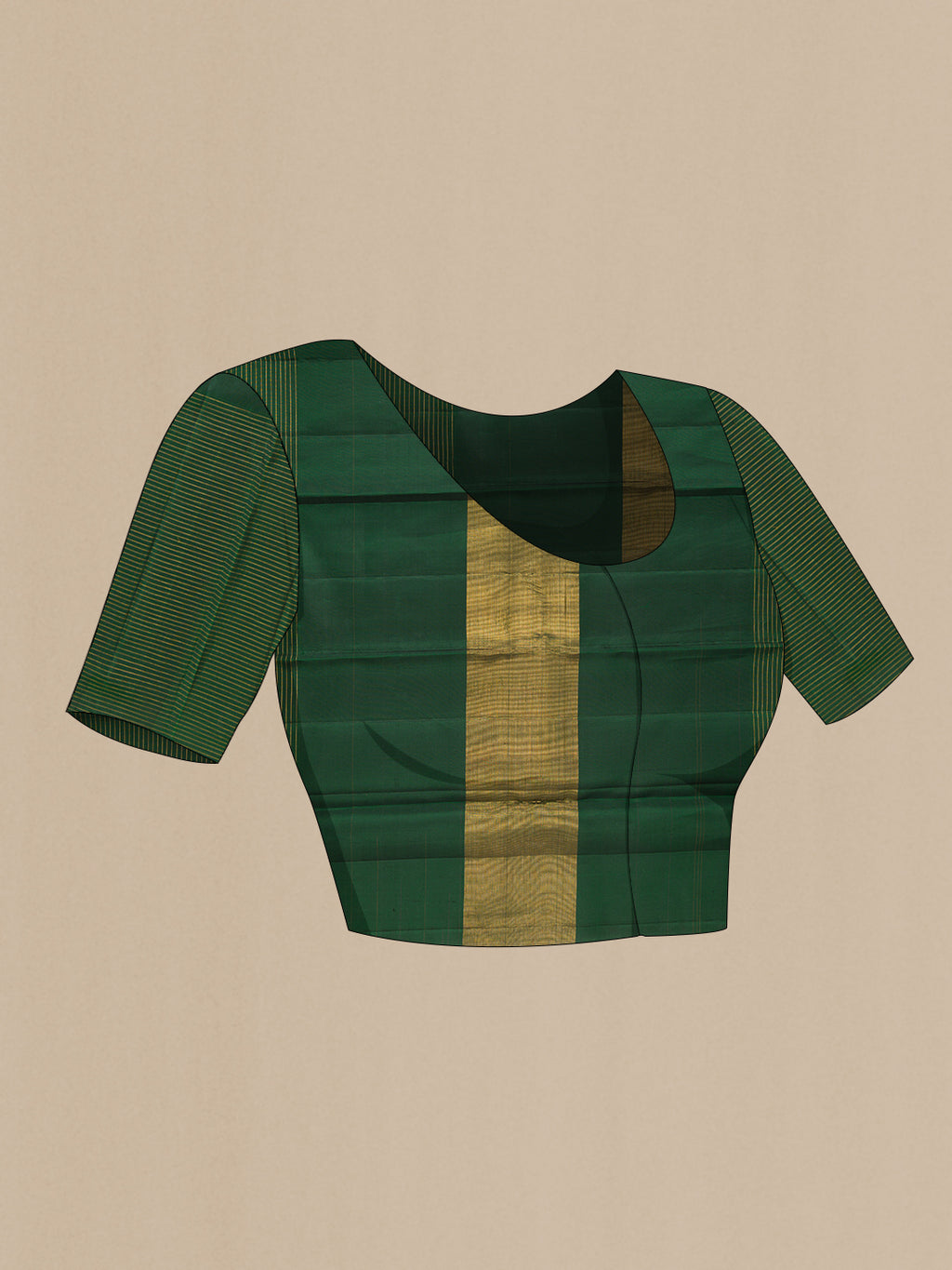 Close up image of the blouse of Pure Silk Multi Color Kanjivaram Saree with Checked design on the body and Without Border. 