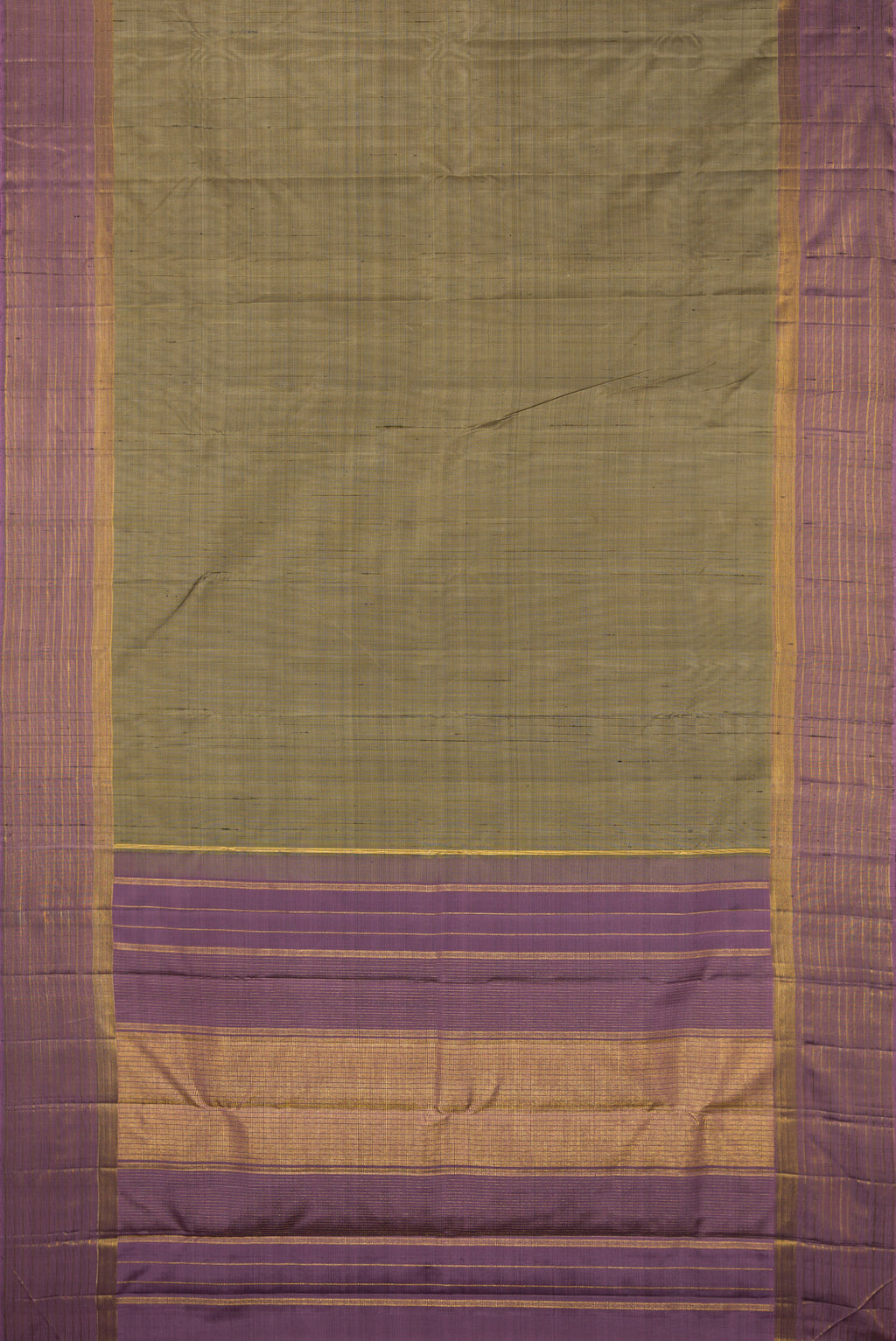 Flat view of Pure Silk Green Kanjivaram Saree with Plain Body and Zari Border. 